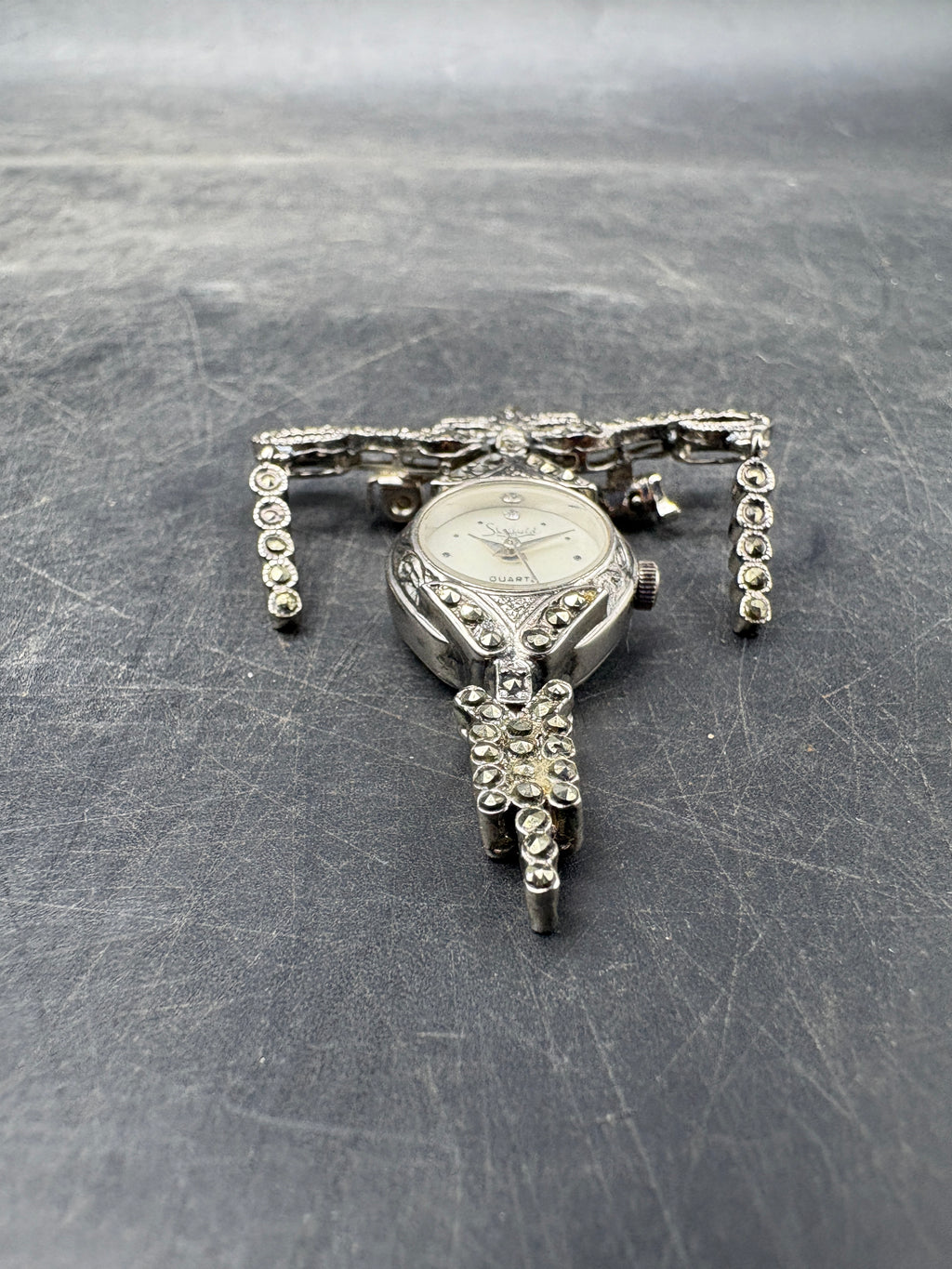 Vintage Sheffield Rhinestone Clock Brooch Pin | Silver Tone