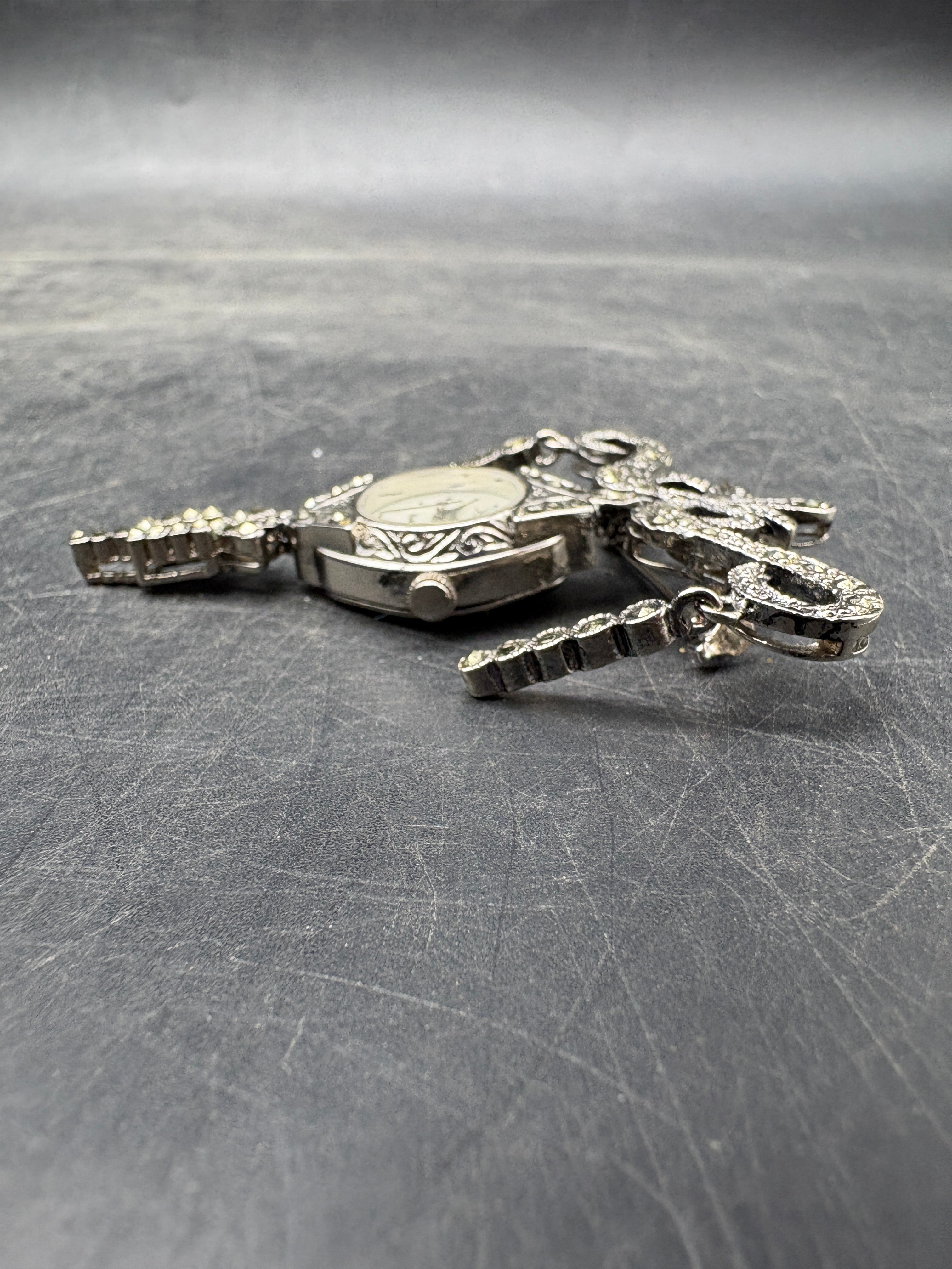 Vintage Sheffield Rhinestone Clock Brooch Pin | Silver Tone
