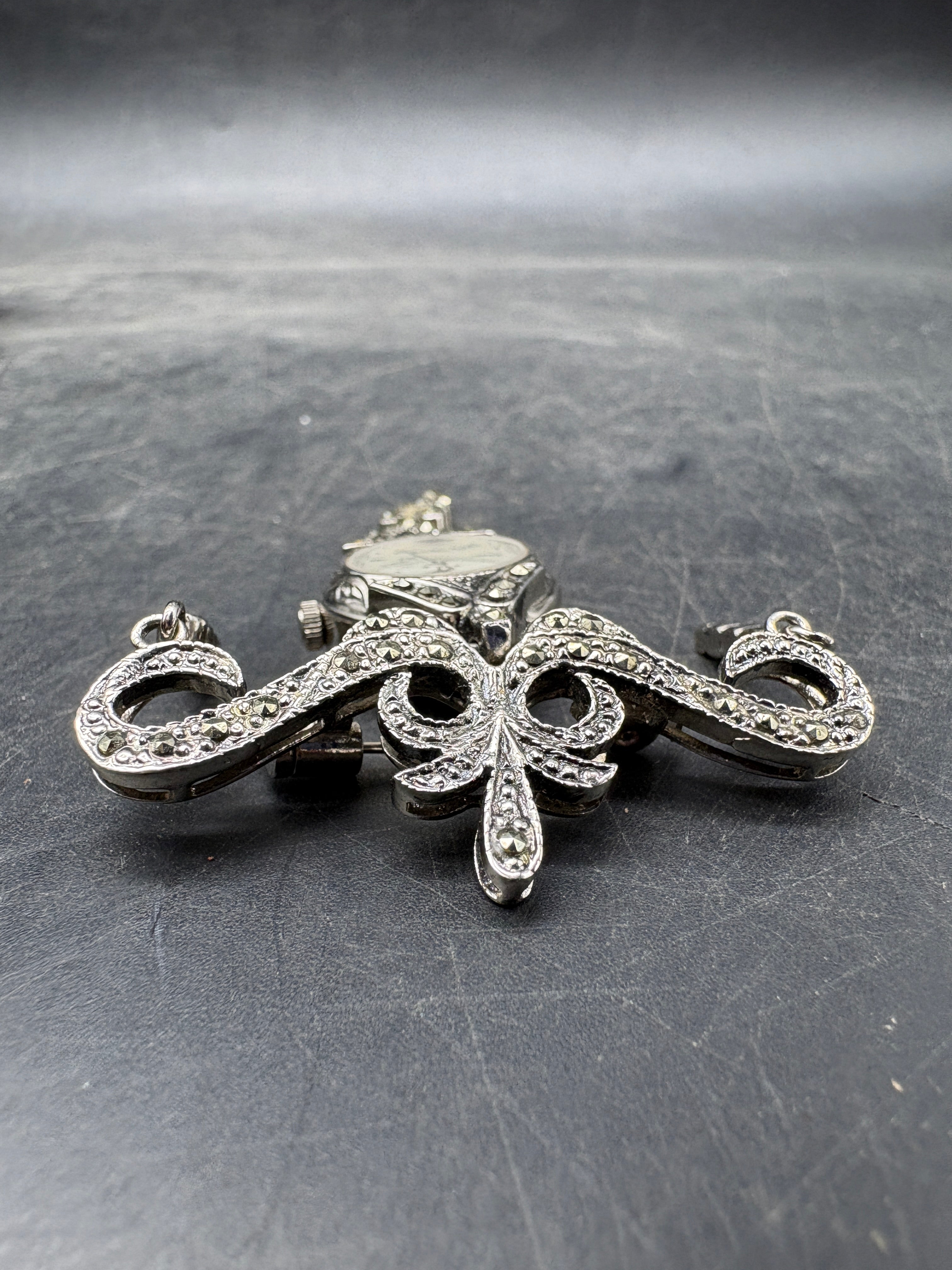 Vintage Sheffield Rhinestone Clock Brooch Pin | Silver Tone