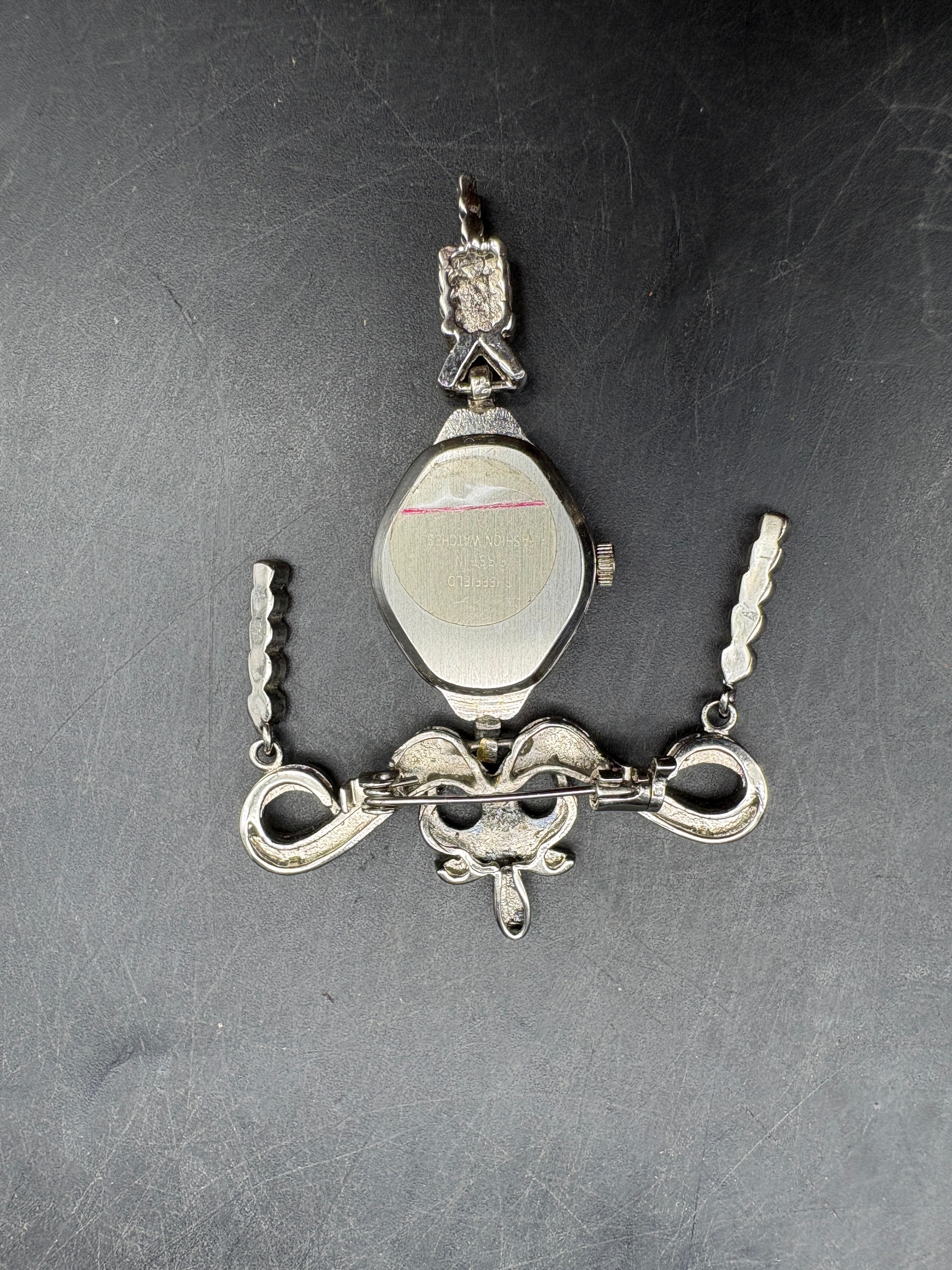 Vintage Sheffield Rhinestone Clock Brooch Pin | Silver Tone