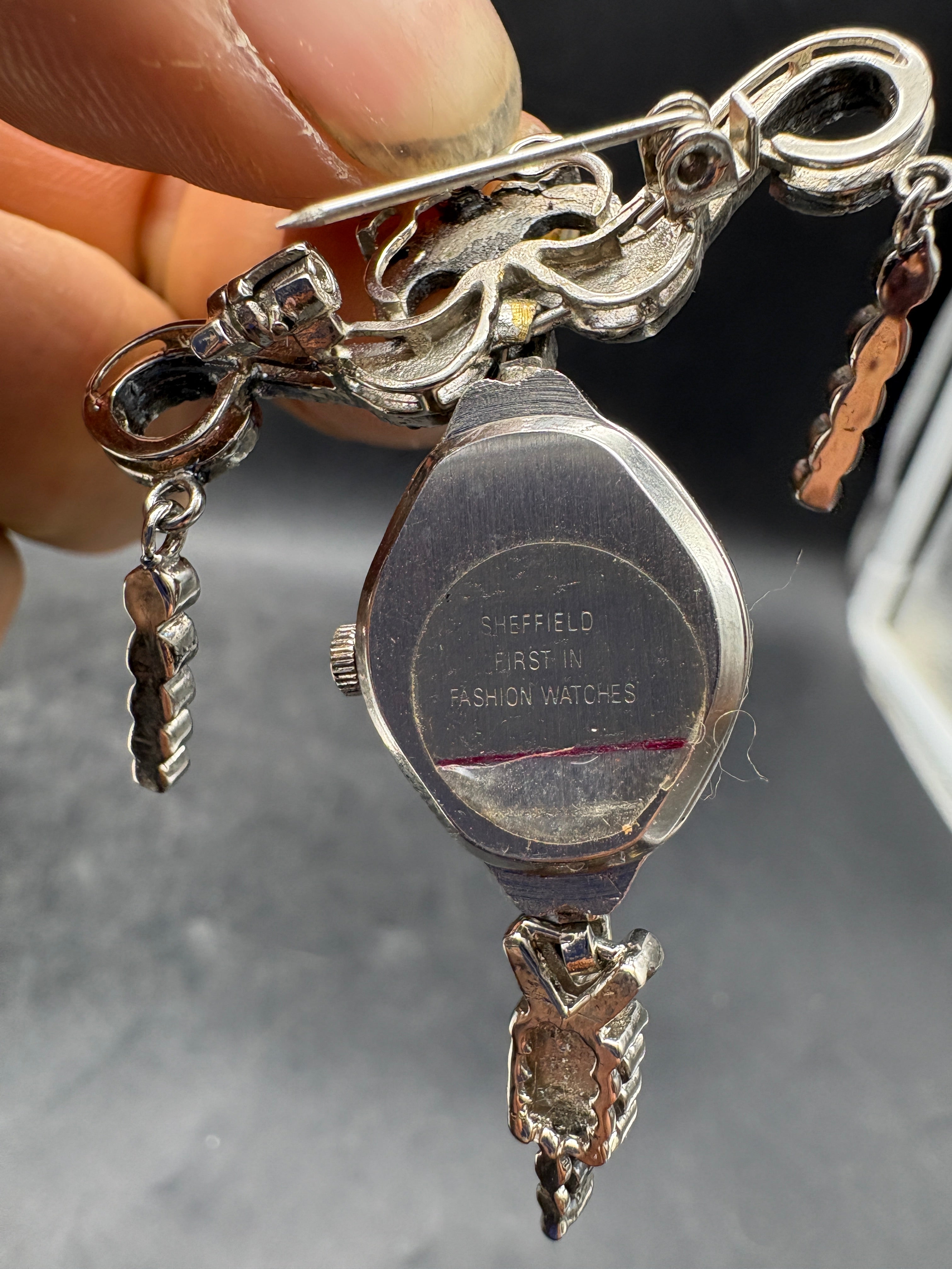 Vintage Sheffield Rhinestone Clock Brooch Pin | Silver Tone