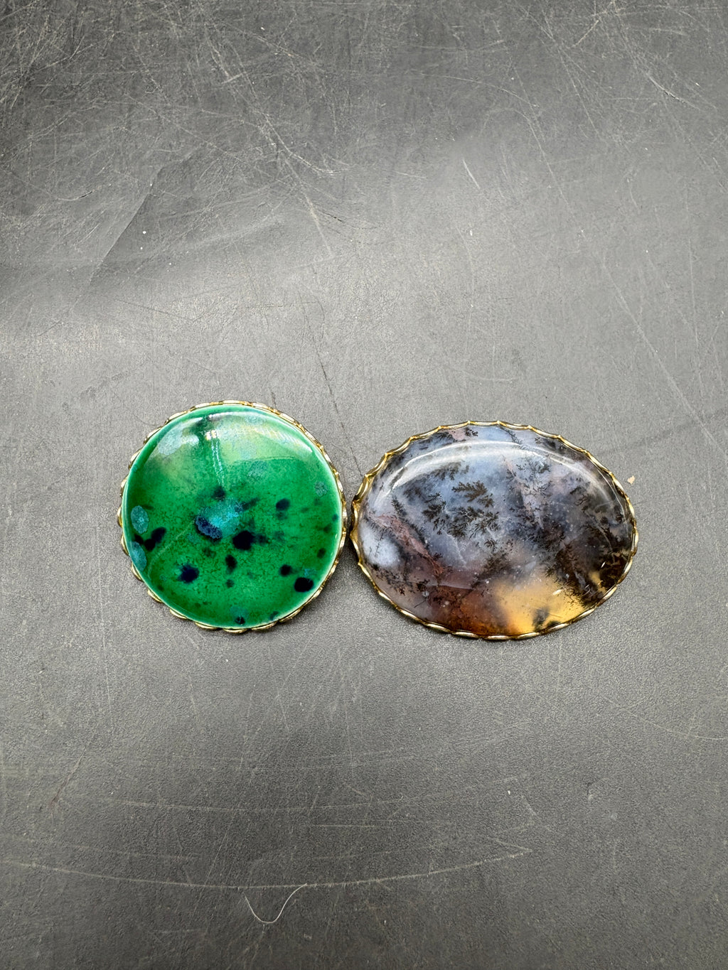 Pair of Vintage Brooches | Blue-Gray & Green-Blue Stone Pins