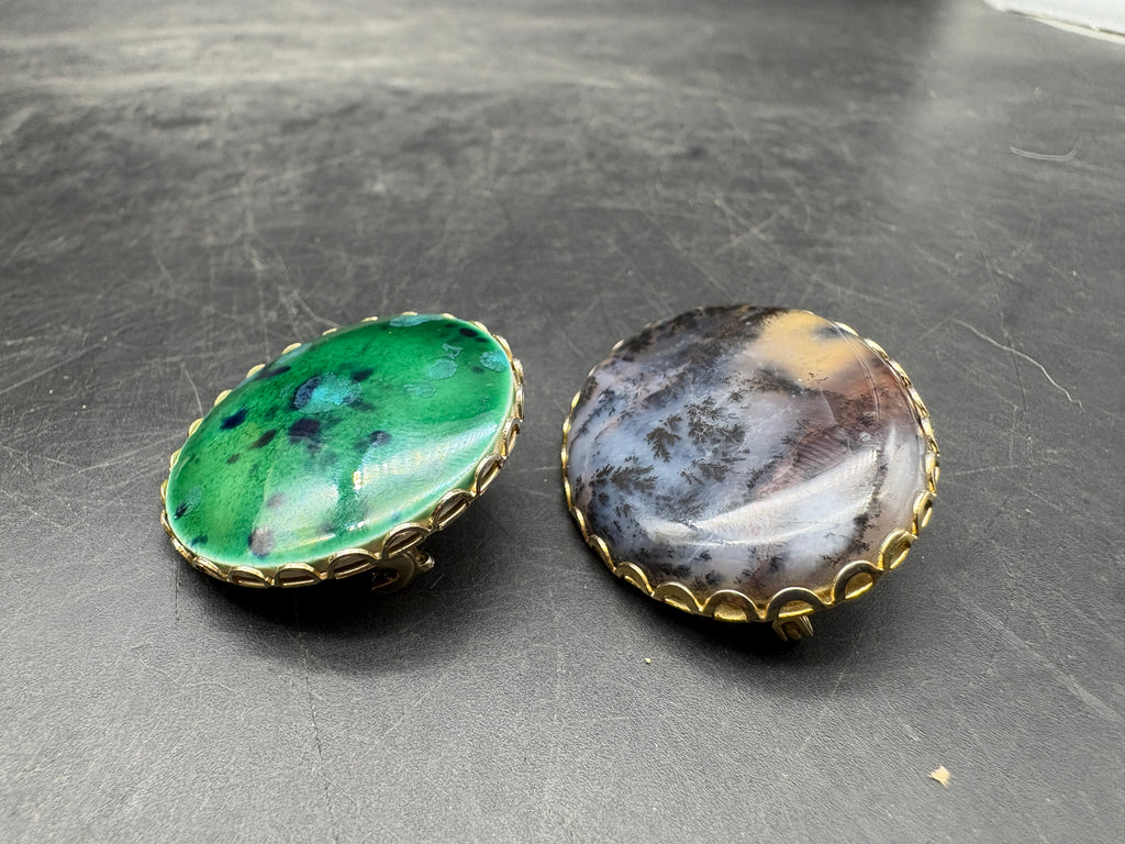 Pair of Vintage Brooches | Blue-Gray & Green-Blue Stone Pins