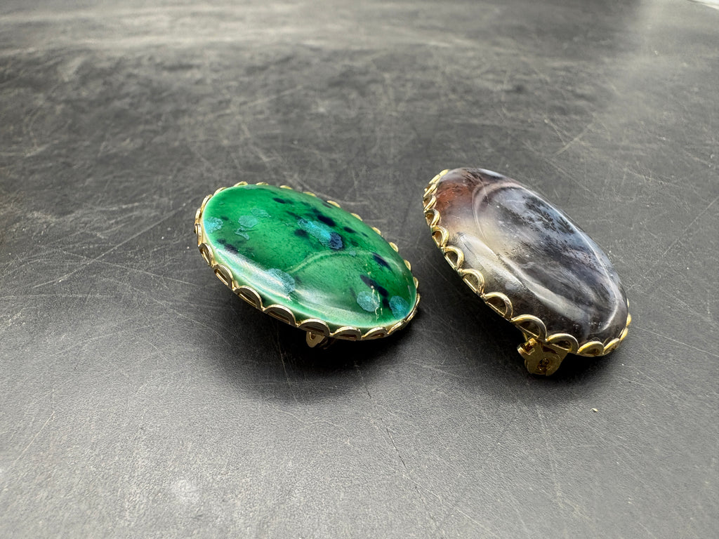 Pair of Vintage Brooches | Blue-Gray & Green-Blue Stone Pins