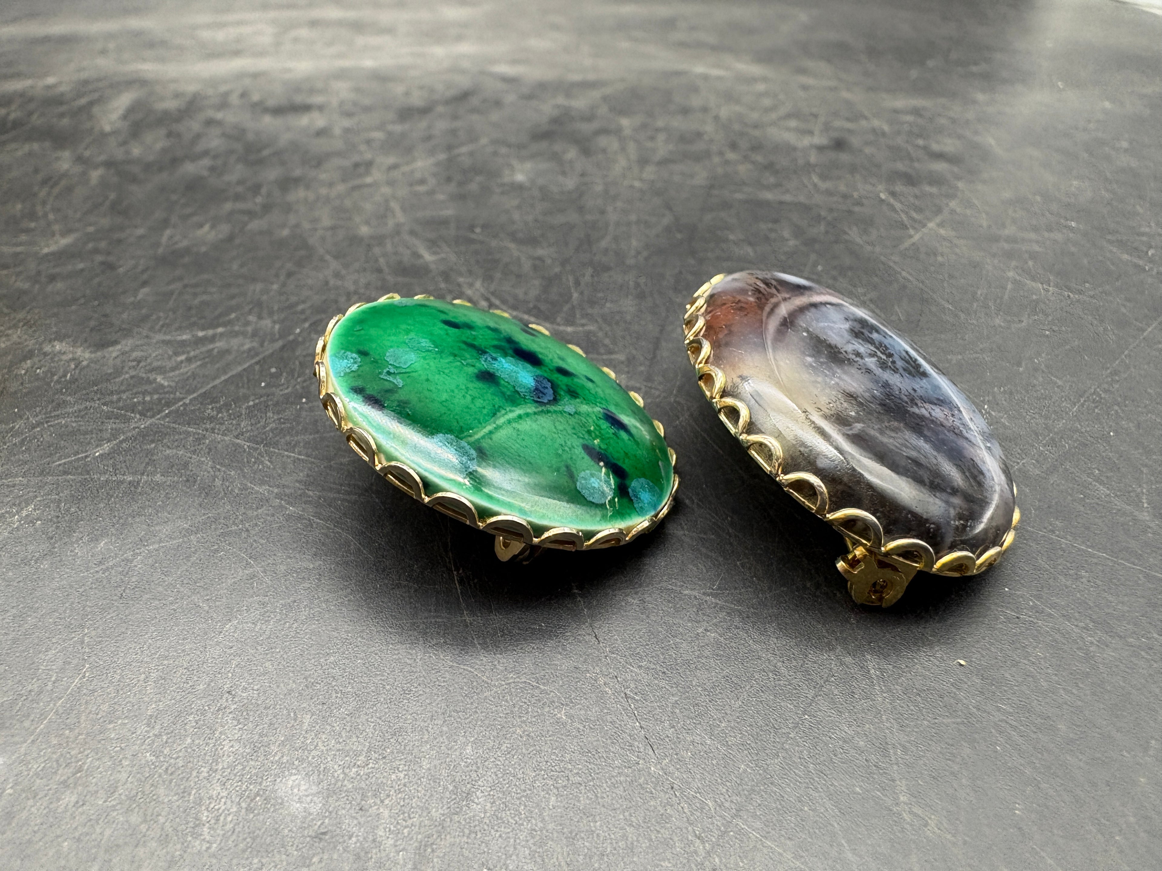 Pair of Vintage Brooches | Blue-Gray & Green-Blue Stone Pins