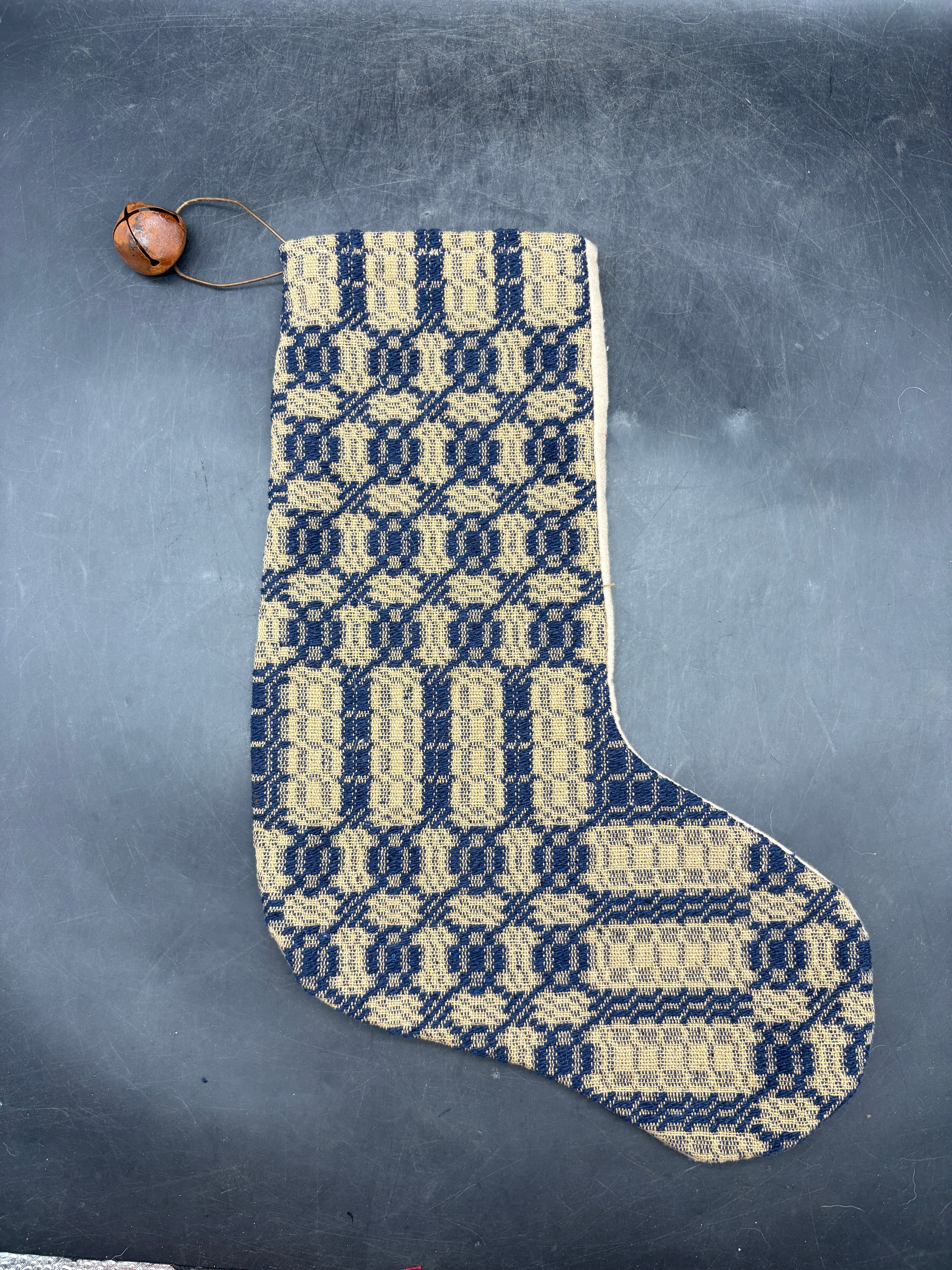 Handmade Coverlet Christmas Stocking — Large 15" x 9" with Flannel Backing & Rusty Bell