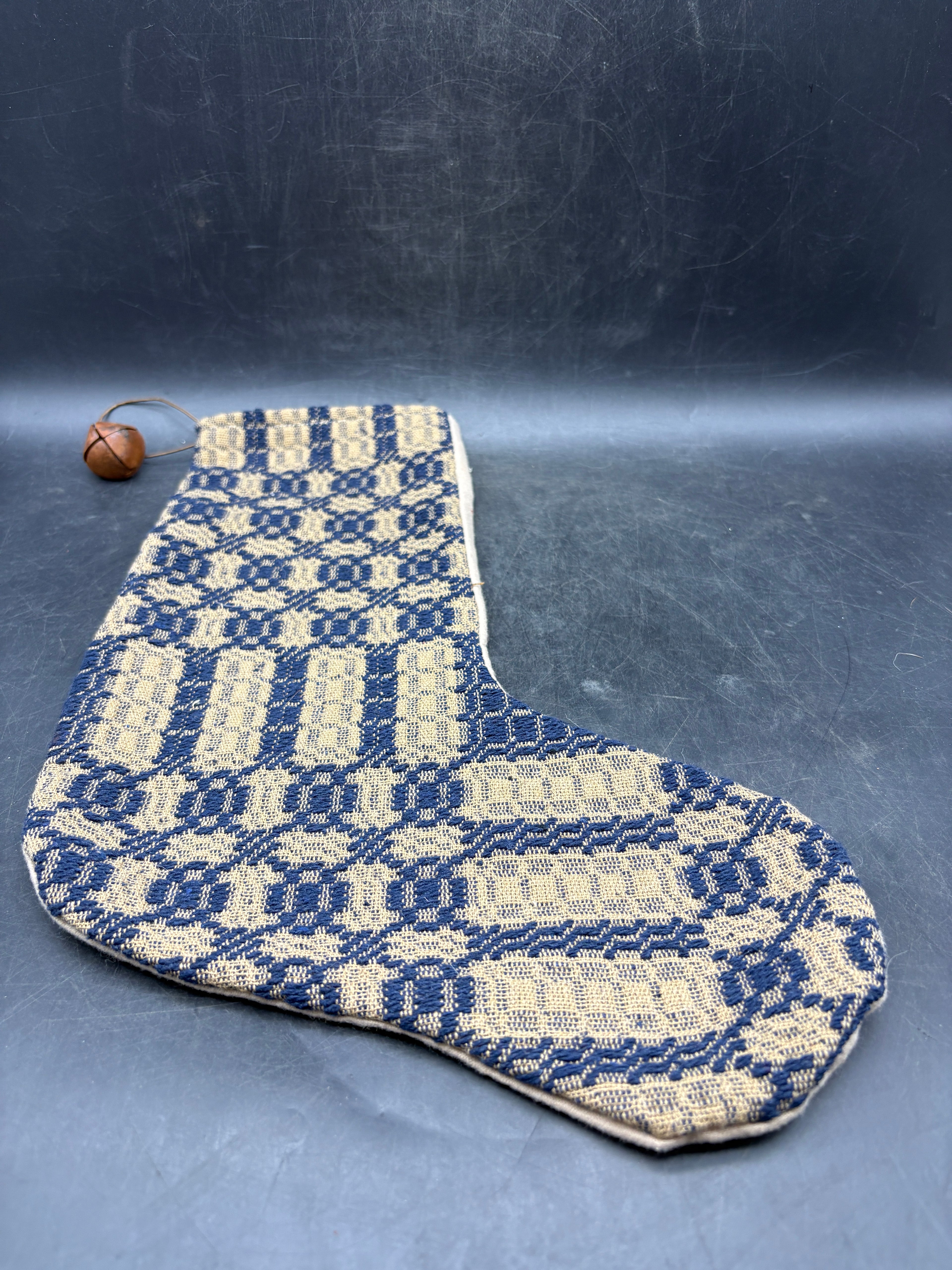 Handmade Coverlet Christmas Stocking — Large 15" x 9" with Flannel Backing & Rusty Bell