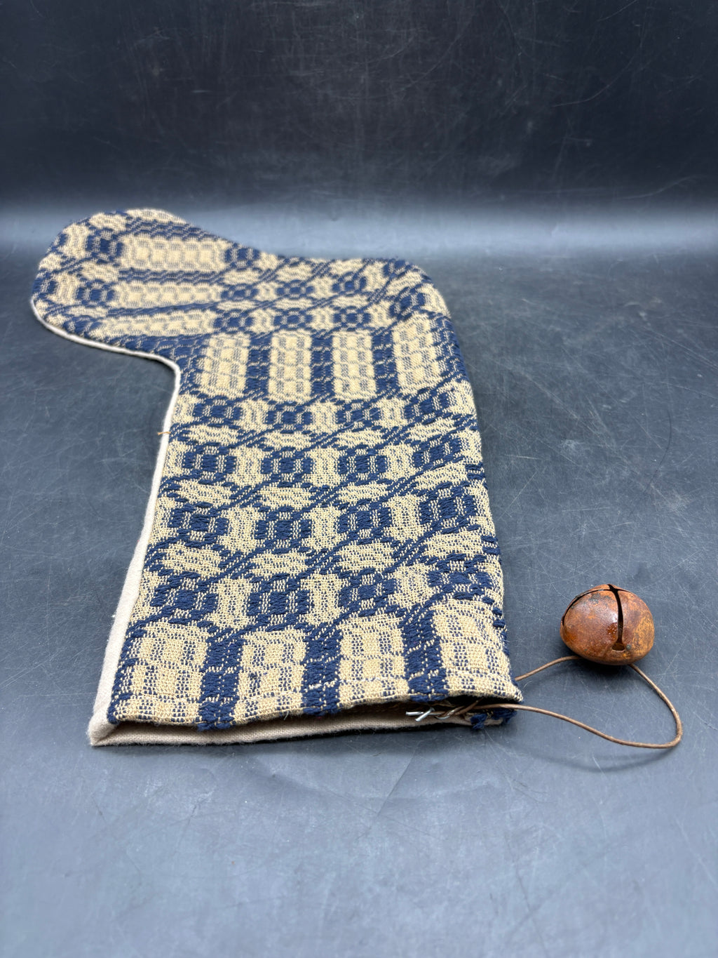 Handmade Coverlet Christmas Stocking — Large 15" x 9" with Flannel Backing & Rusty Bell