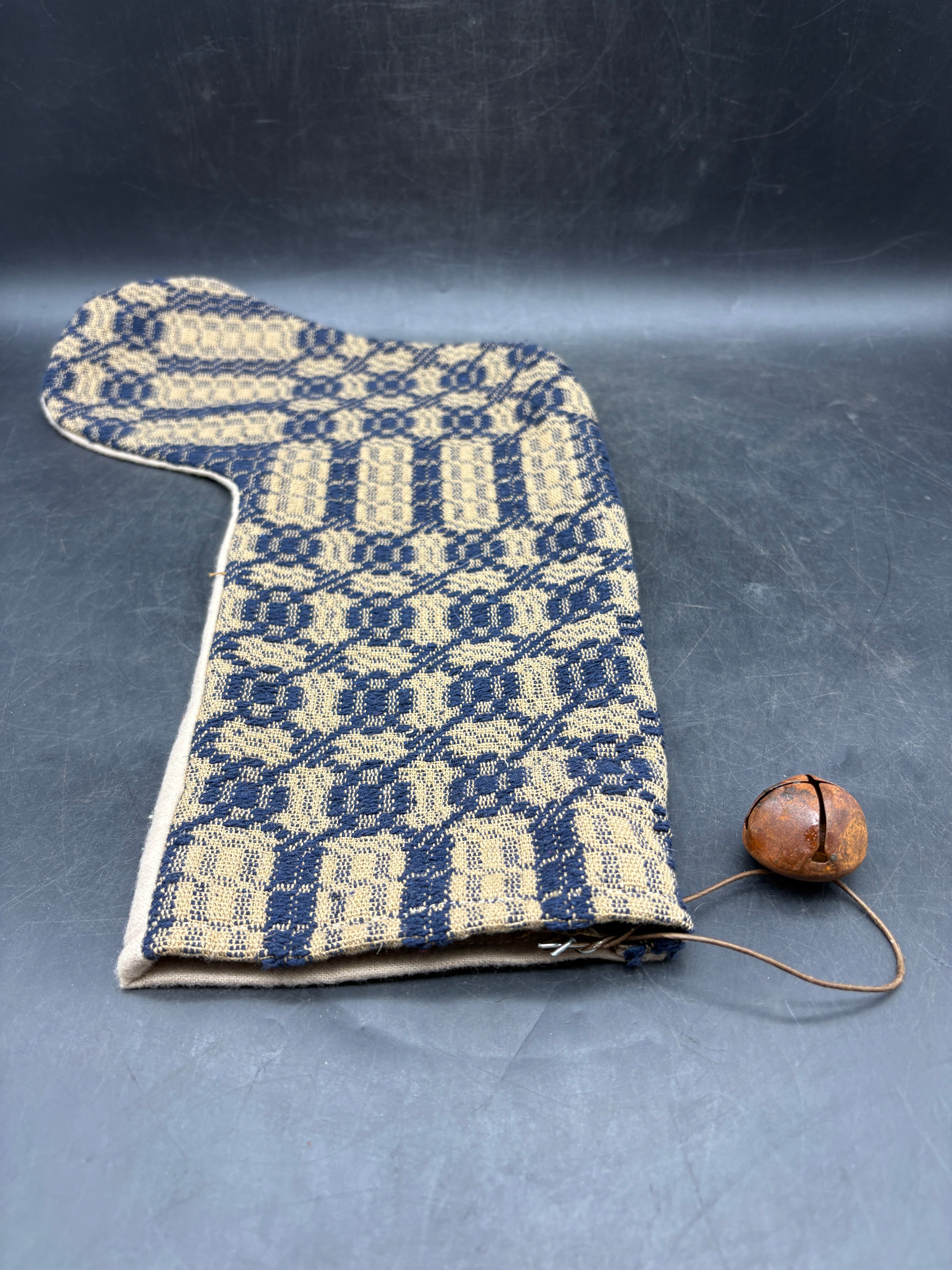 Handmade Coverlet Christmas Stocking — Large 15" x 9" with Flannel Backing & Rusty Bell