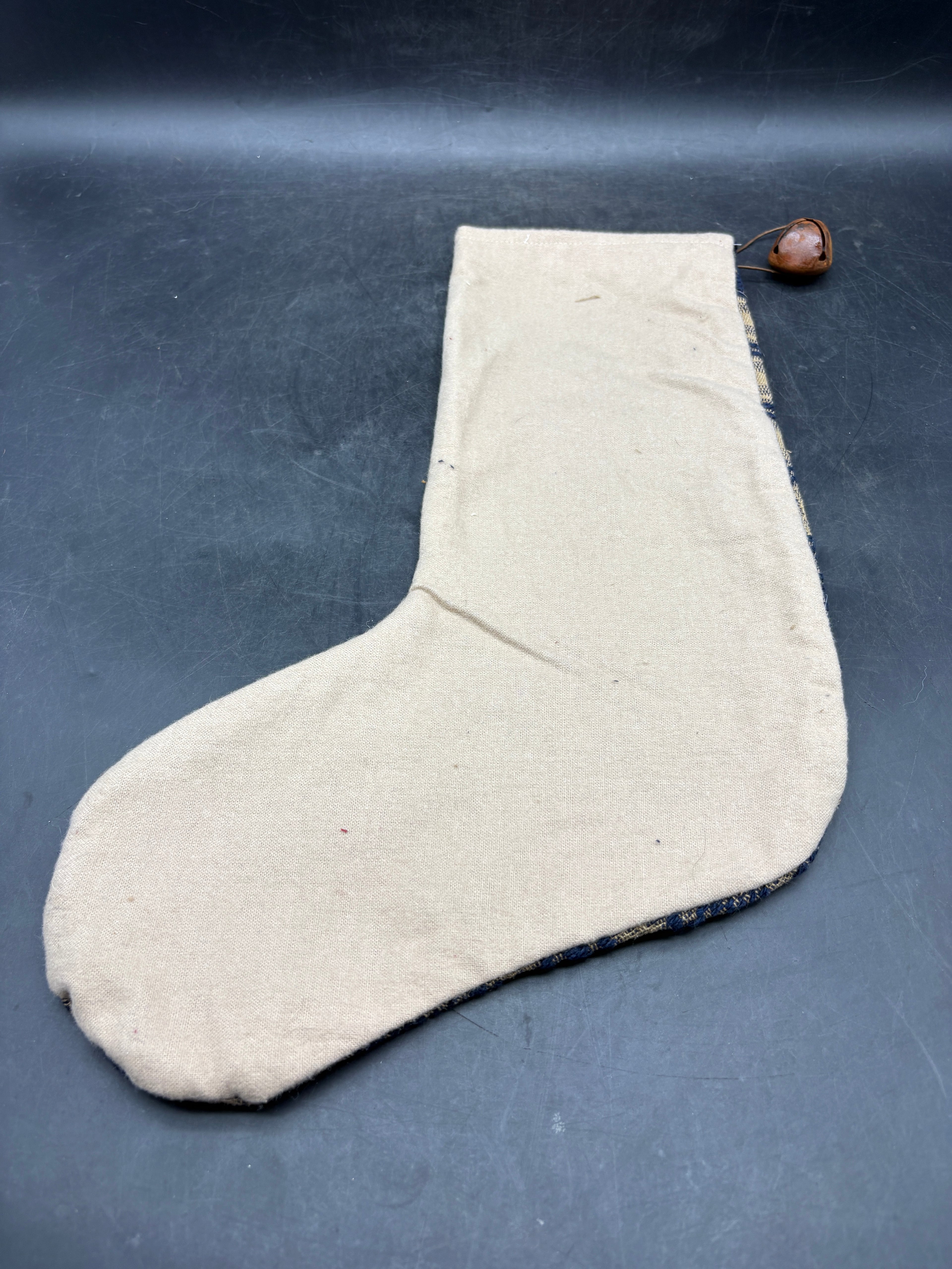 Handmade Coverlet Christmas Stocking — Large 15" x 9" with Flannel Backing & Rusty Bell