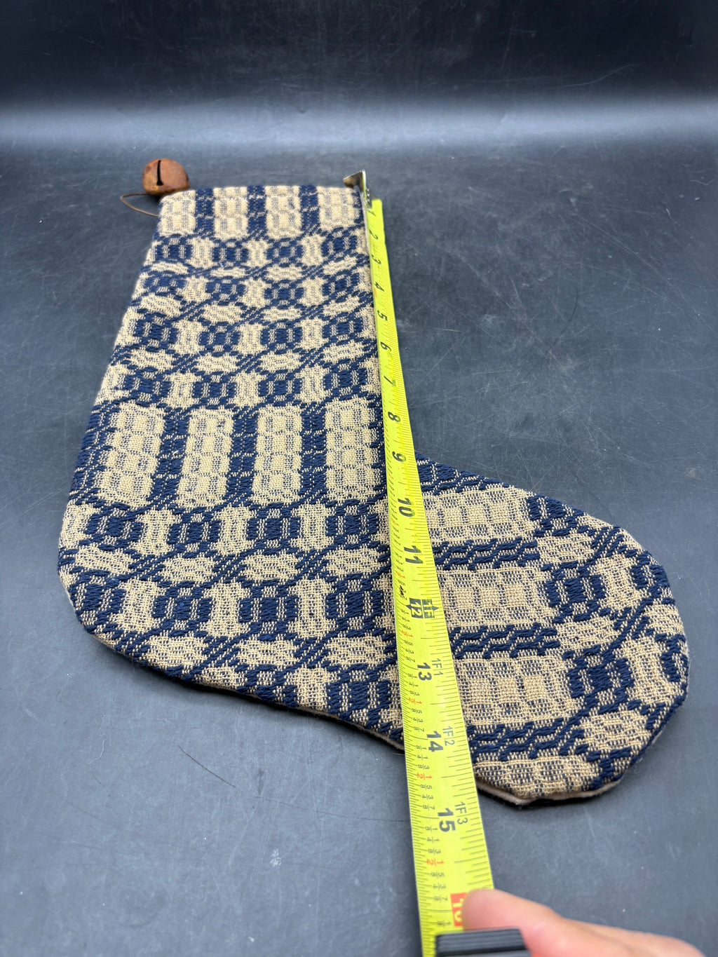 Handmade Coverlet Christmas Stocking — Large 15" x 9" with Flannel Backing & Rusty Bell