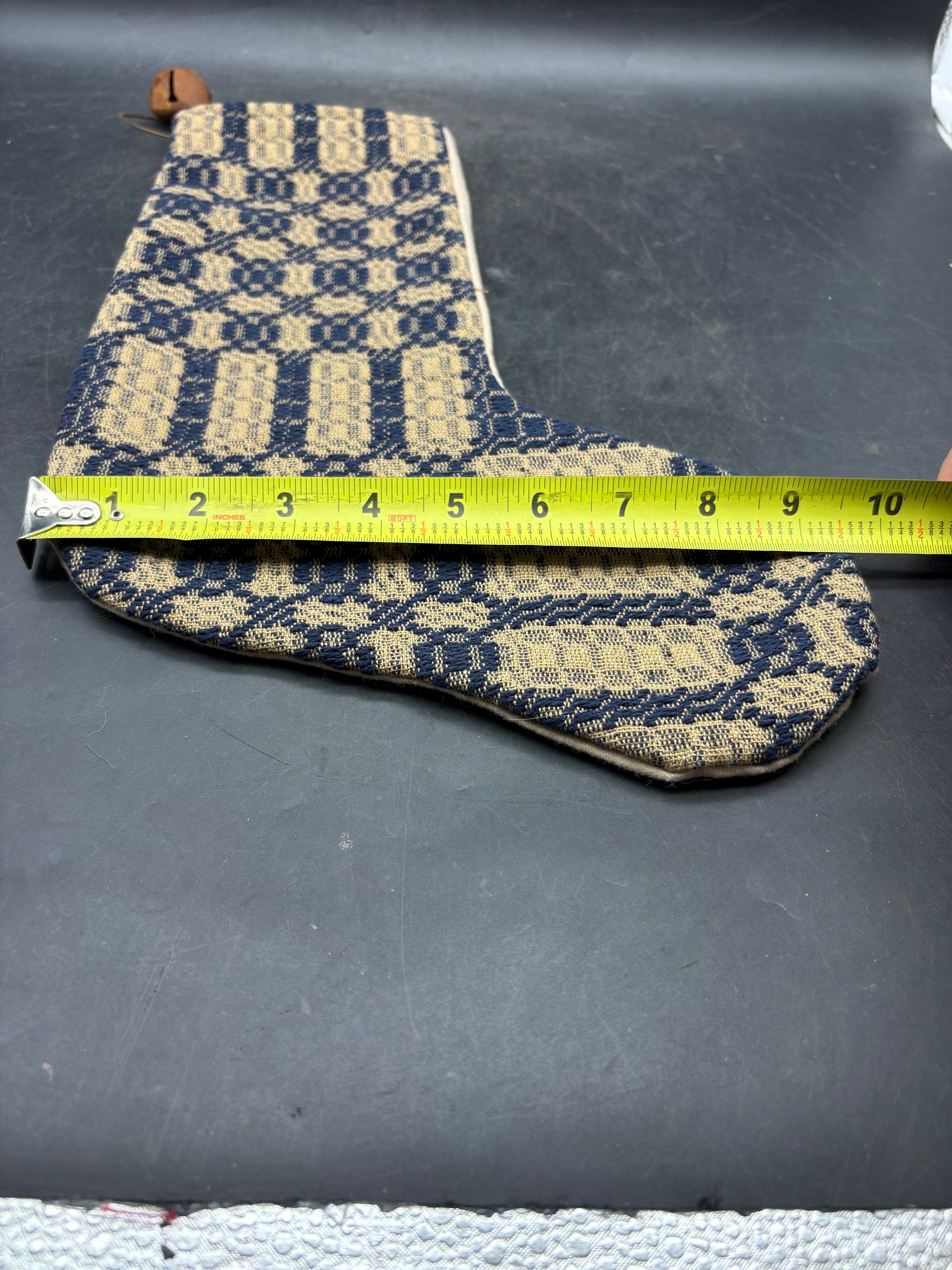 Handmade Coverlet Christmas Stocking — Large 15" x 9" with Flannel Backing & Rusty Bell