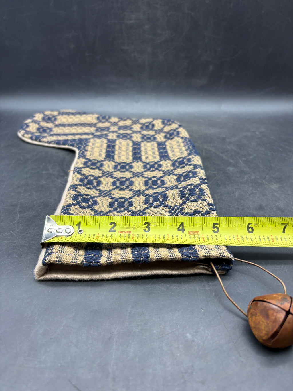 Handmade Coverlet Christmas Stocking — Large 15" x 9" with Flannel Backing & Rusty Bell