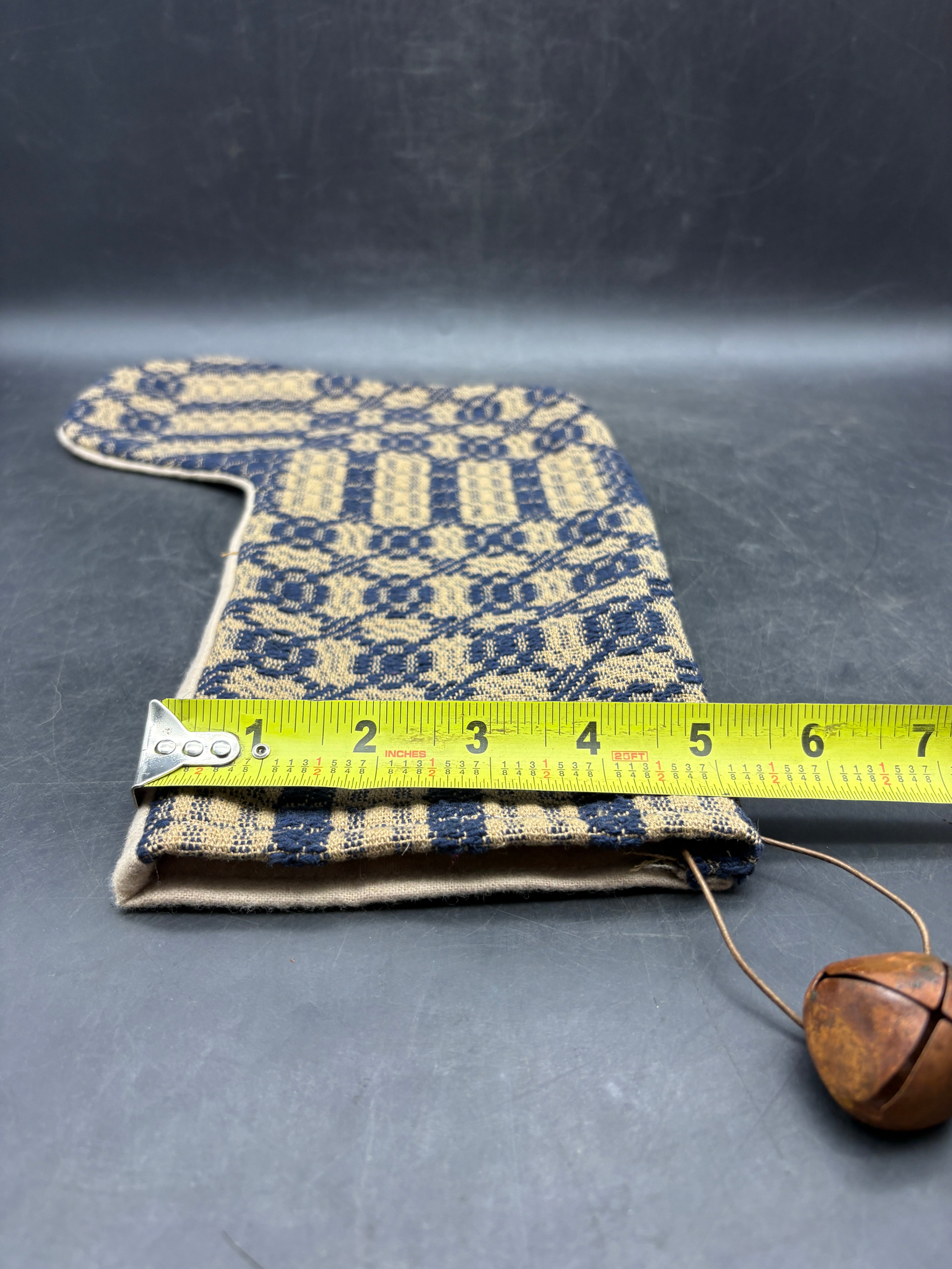 Handmade Coverlet Christmas Stocking — Large 15" x 9" with Flannel Backing & Rusty Bell