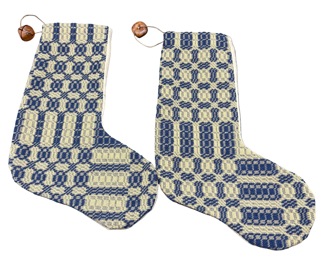 Handmade Coverlet Christmas Stocking — Large 15" x 9" with Flannel Backing & Rusty Bell