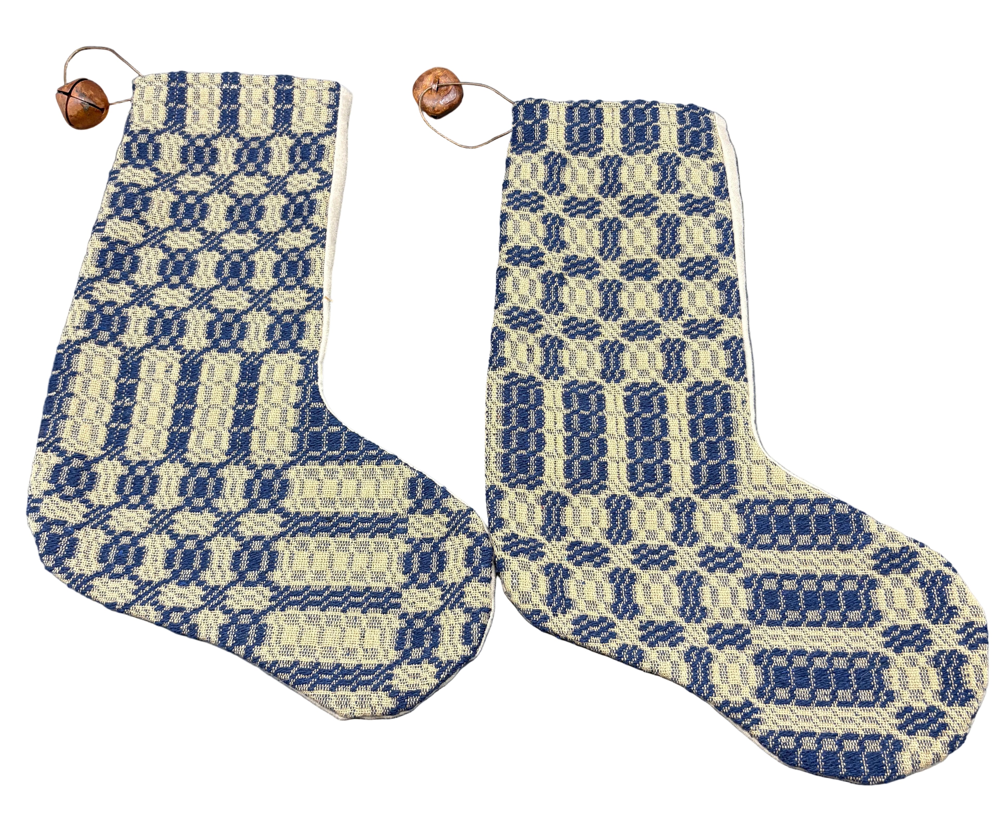 Handmade Coverlet Christmas Stocking — Large 15" x 9" with Flannel Backing & Rusty Bell