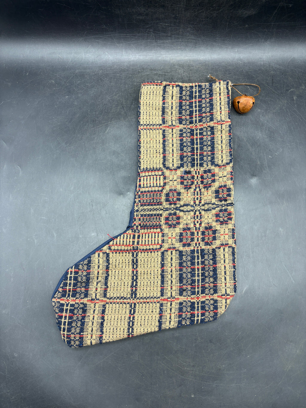 Handmade Coverlet Christmas Stocking — Large 15" x 9" with Flannel Backing & Rusty Bell