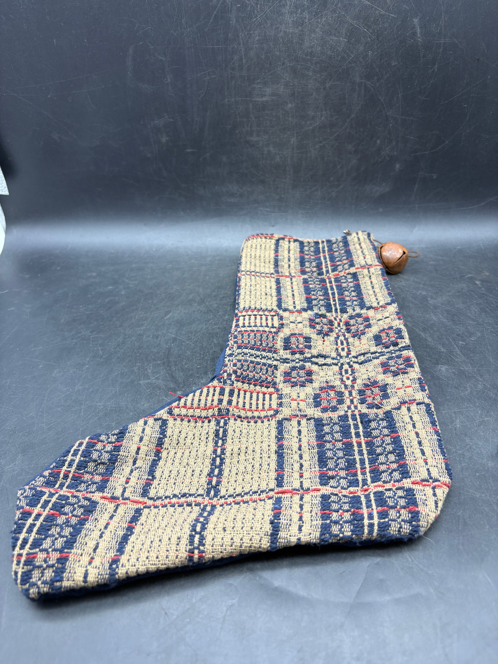 Handmade Coverlet Christmas Stocking — Large 15" x 9" with Flannel Backing & Rusty Bell