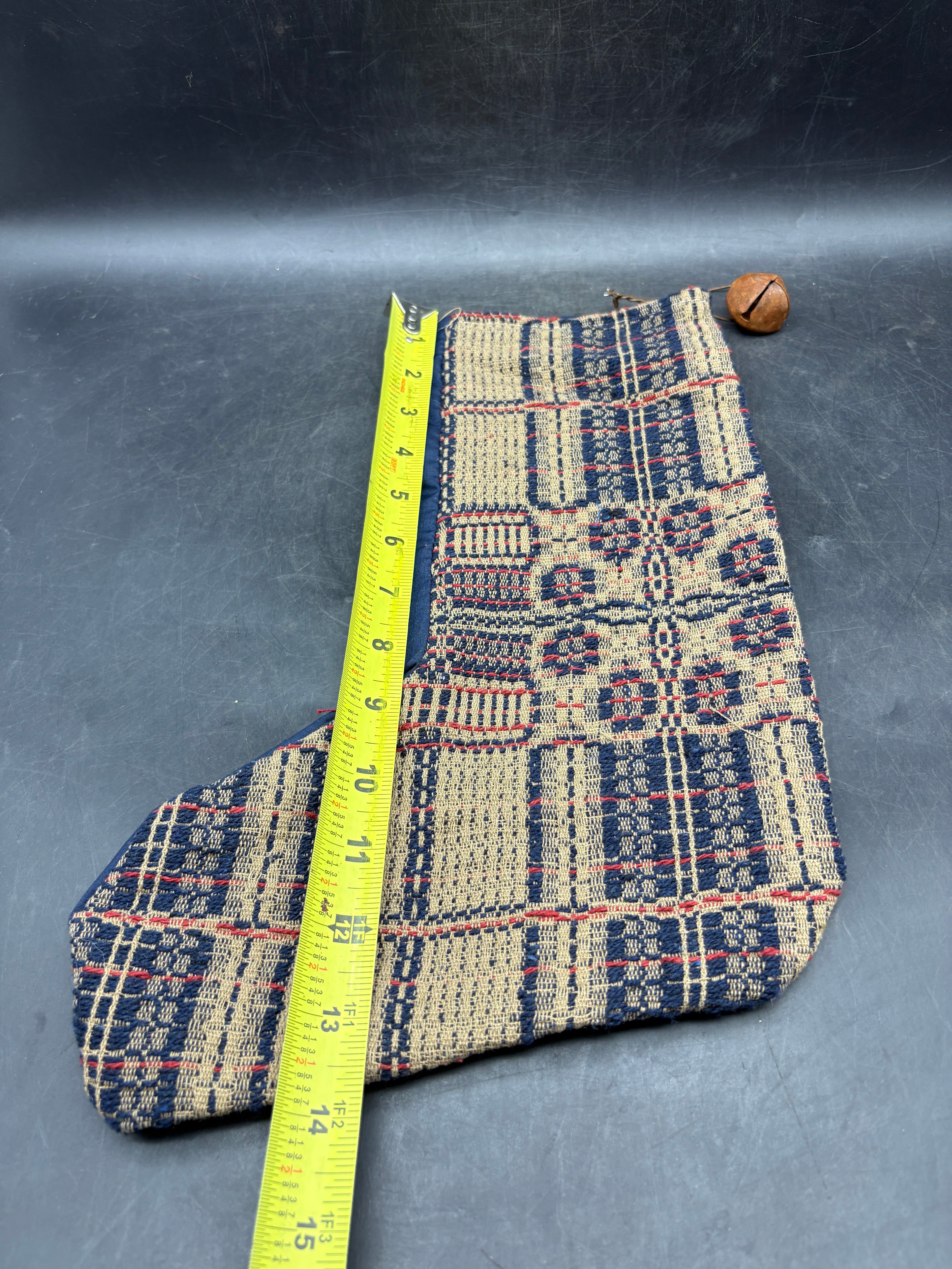 Handmade Coverlet Christmas Stocking — Large 15" x 9" with Flannel Backing & Rusty Bell