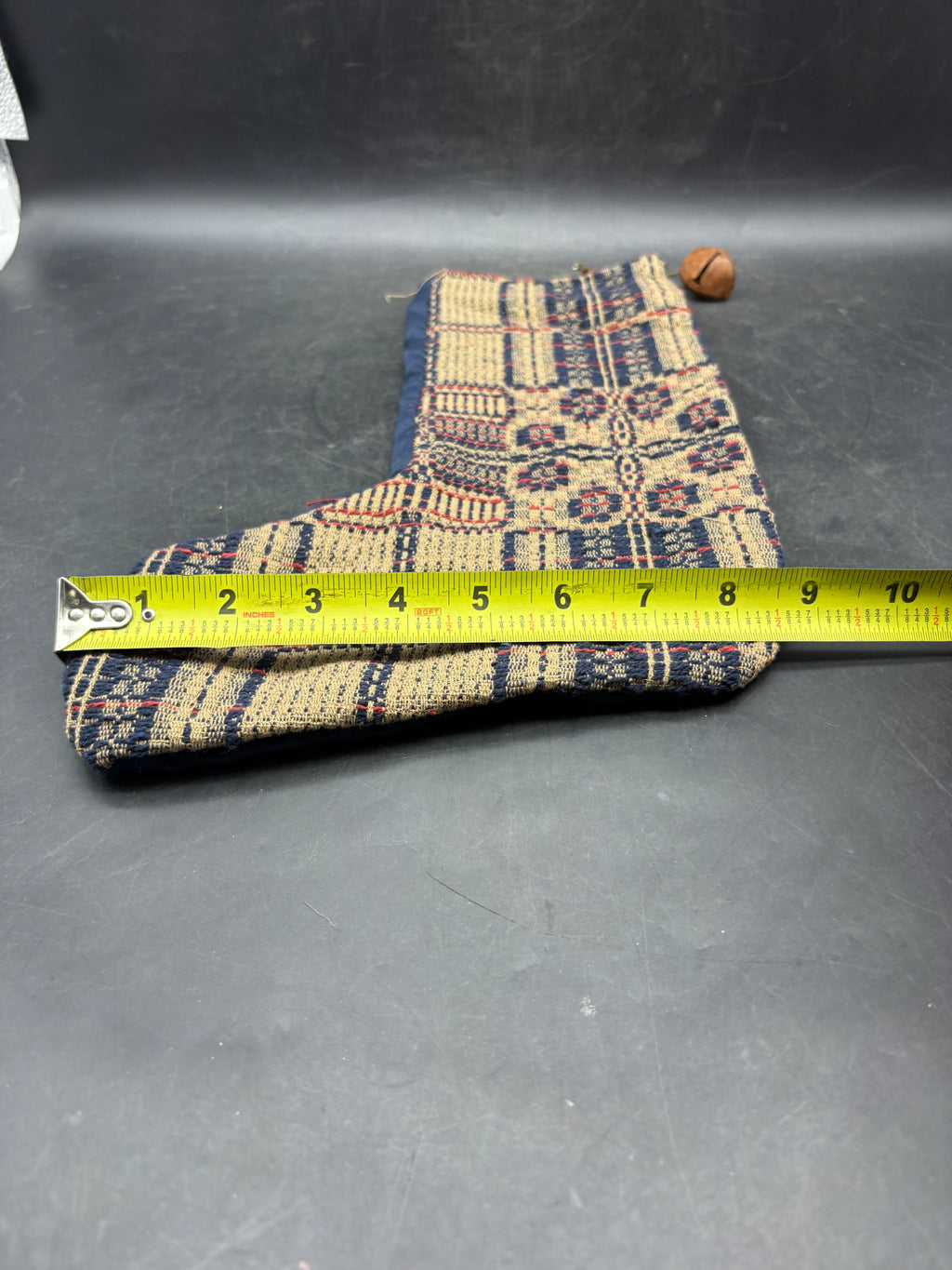 Handmade Coverlet Christmas Stocking — Large 15" x 9" with Flannel Backing & Rusty Bell