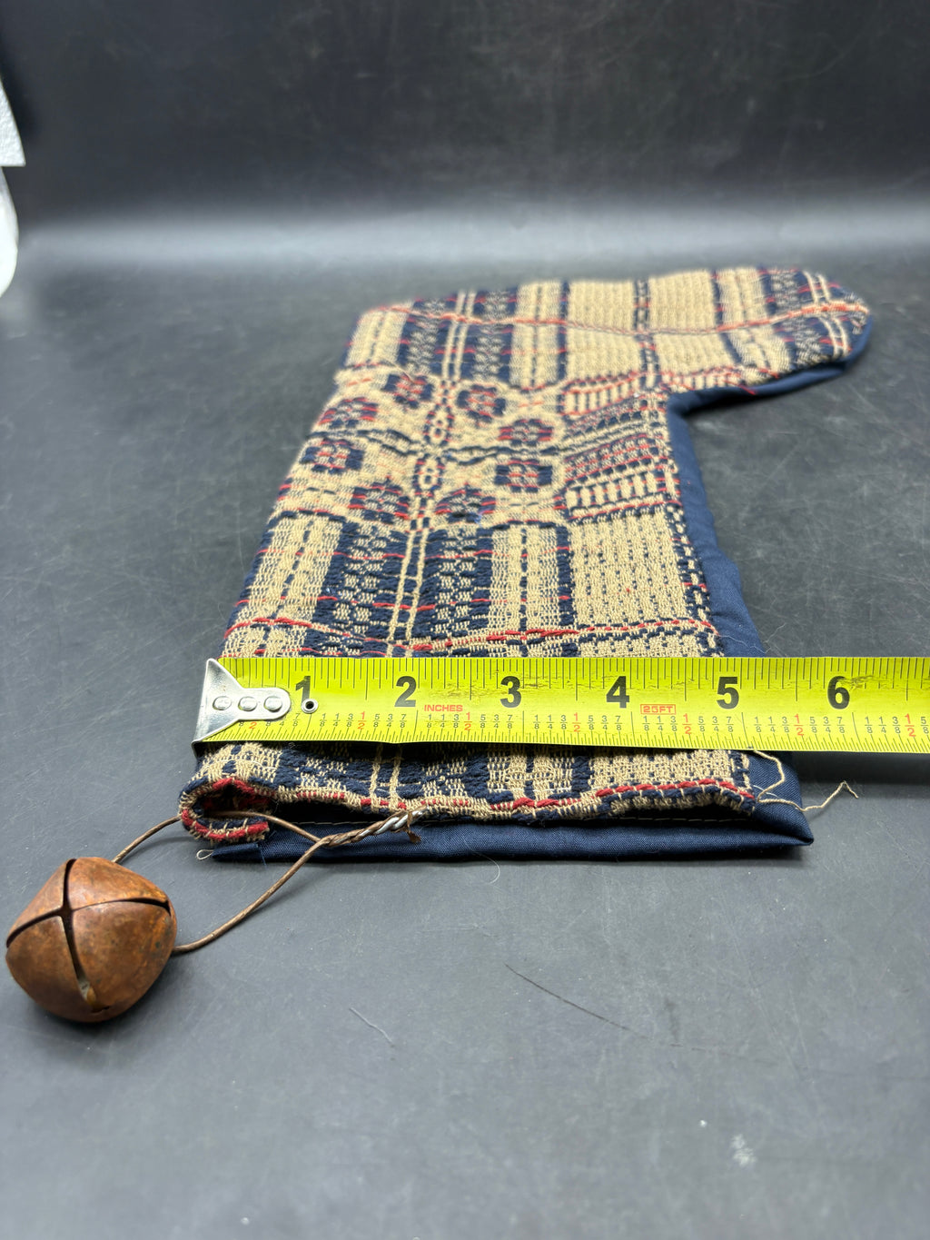 Handmade Coverlet Christmas Stocking — Large 15" x 9" with Flannel Backing & Rusty Bell