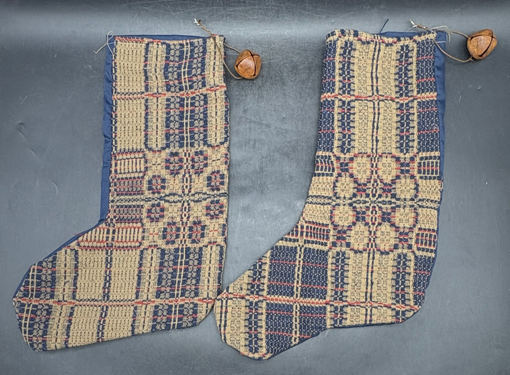 Handmade Coverlet Christmas Stocking — Large 15" x 9" with Flannel Backing & Rusty Bell