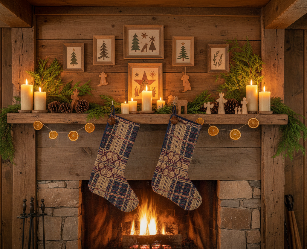Handmade Coverlet Christmas Stocking — Large 15" x 9" with Flannel Backing & Rusty Bell