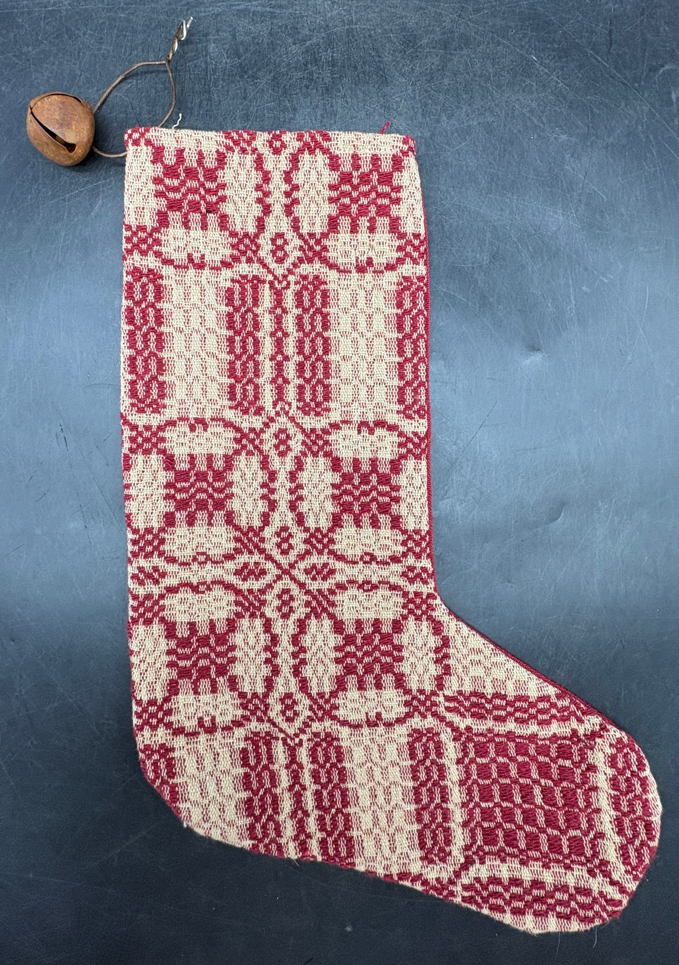 Handmade Coverlet Christmas Stocking — Large 15" x 9" with Flannel Backing & Rusty Bell