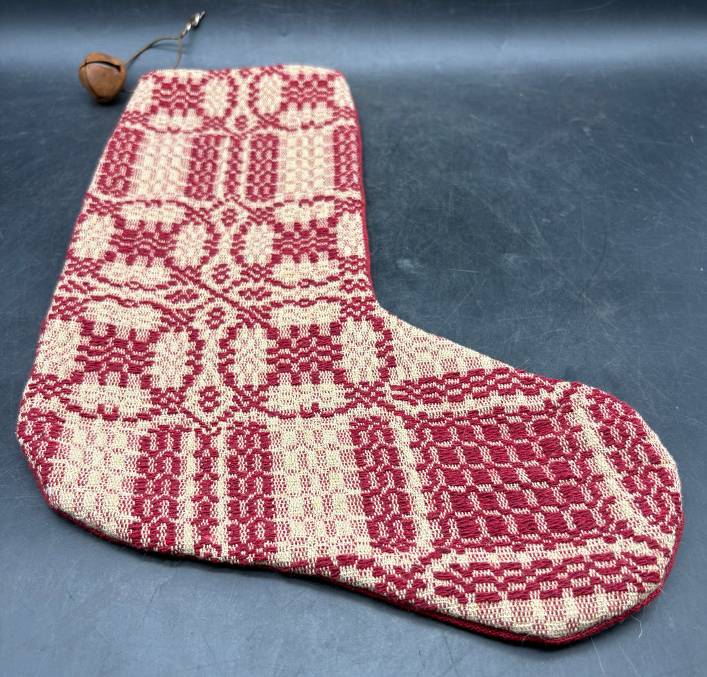 Handmade Coverlet Christmas Stocking — Large 15" x 9" with Flannel Backing & Rusty Bell