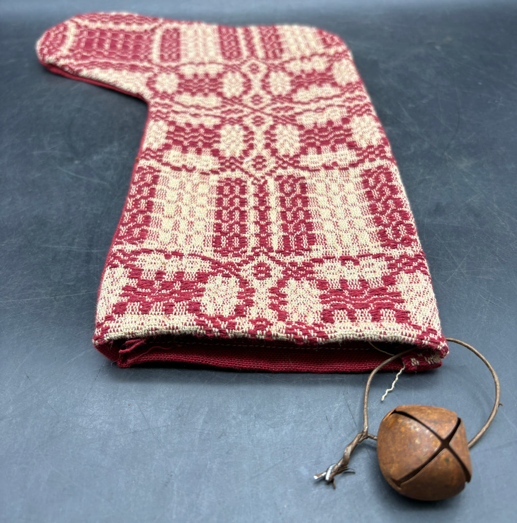 Handmade Coverlet Christmas Stocking — Large 15" x 9" with Flannel Backing & Rusty Bell
