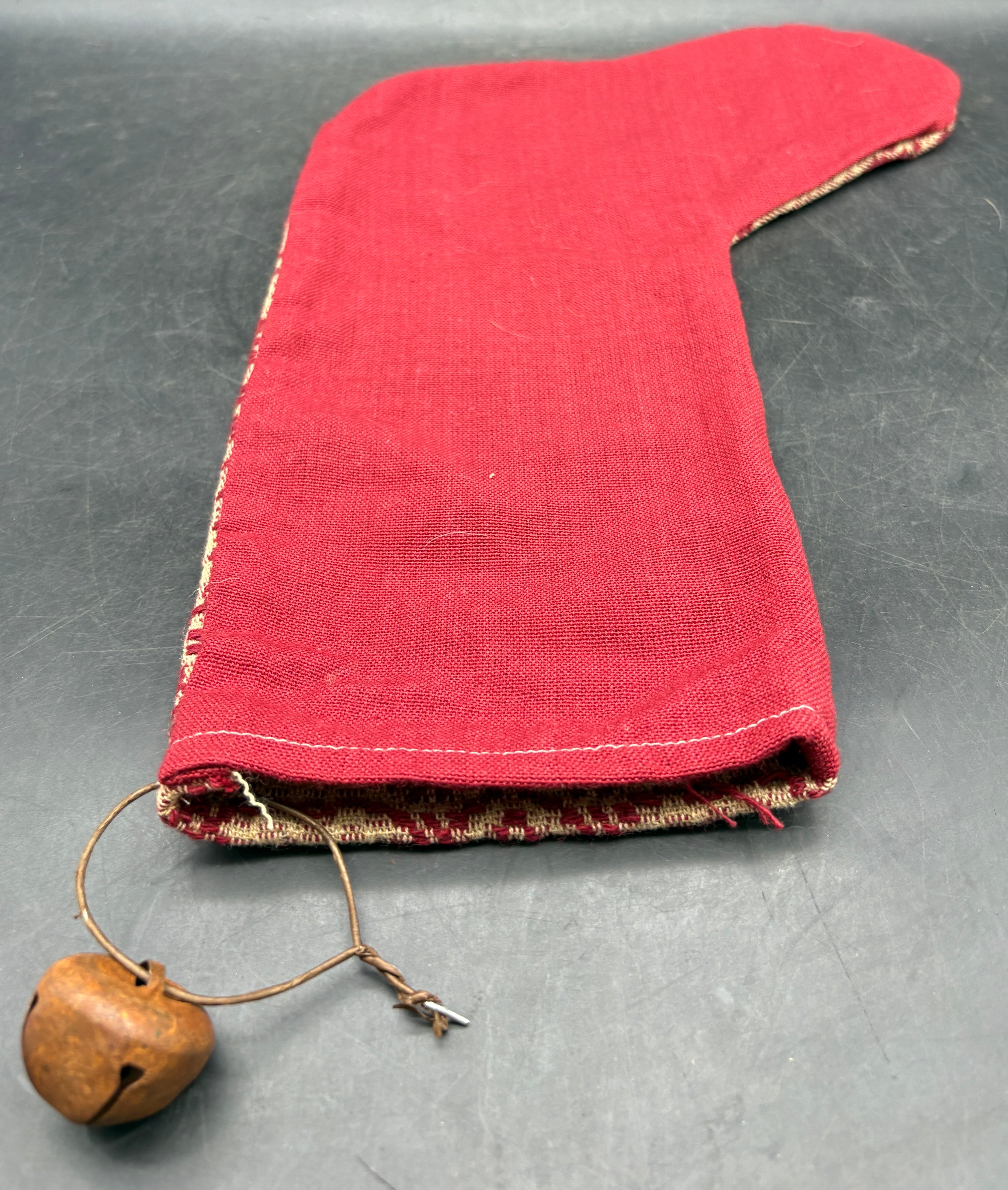 Handmade Coverlet Christmas Stocking — Large 15" x 9" with Flannel Backing & Rusty Bell