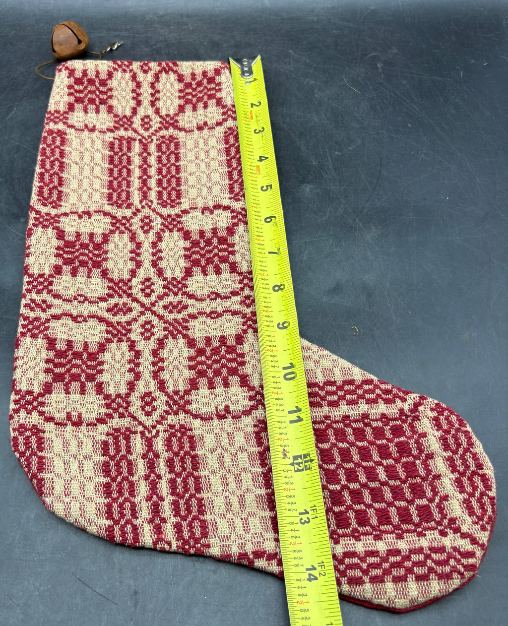 Handmade Coverlet Christmas Stocking — Large 15" x 9" with Flannel Backing & Rusty Bell