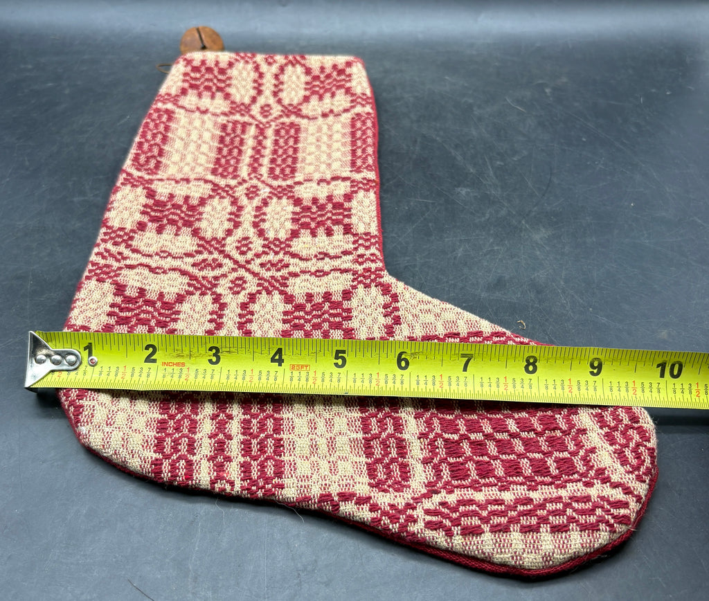Handmade Coverlet Christmas Stocking — Large 15" x 9" with Flannel Backing & Rusty Bell