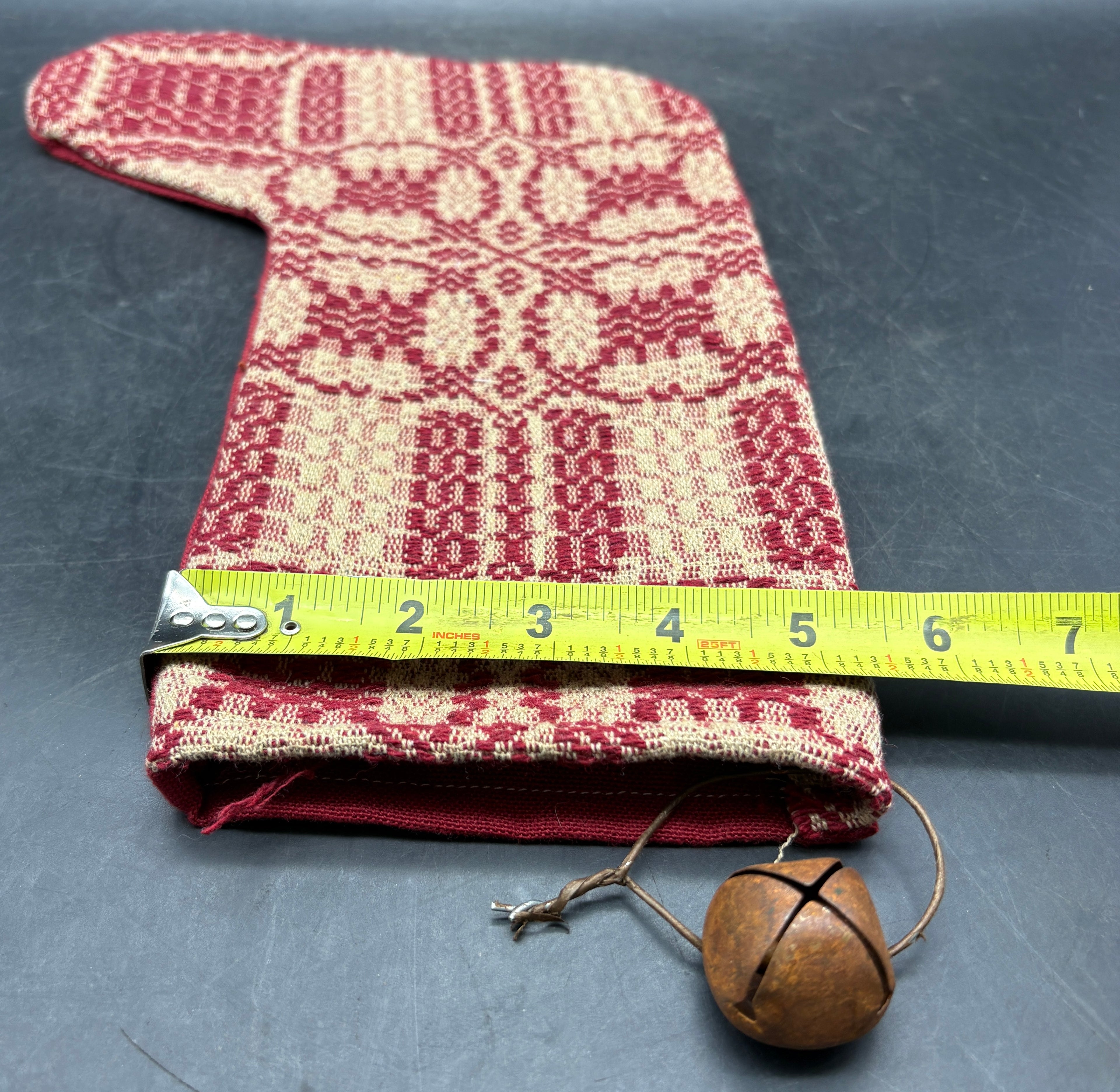 Handmade Coverlet Christmas Stocking — Large 15" x 9" with Flannel Backing & Rusty Bell
