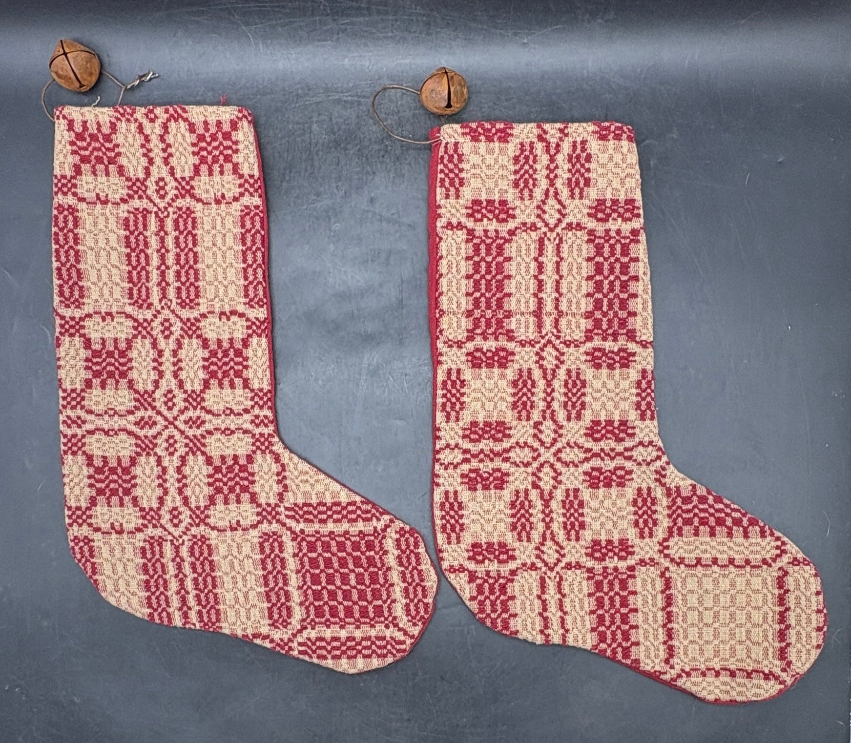 Handmade Coverlet Christmas Stocking — Large 15" x 9" with Flannel Backing & Rusty Bell