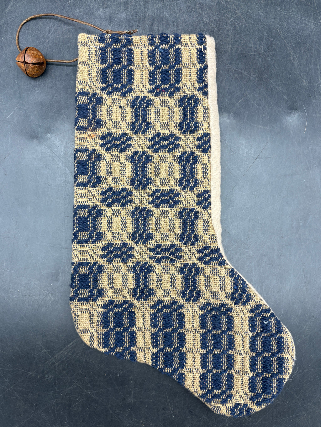 Handmade Coverlet Christmas Stocking — Medium 10" x 5" with Flannel Backing & Rusty Bell