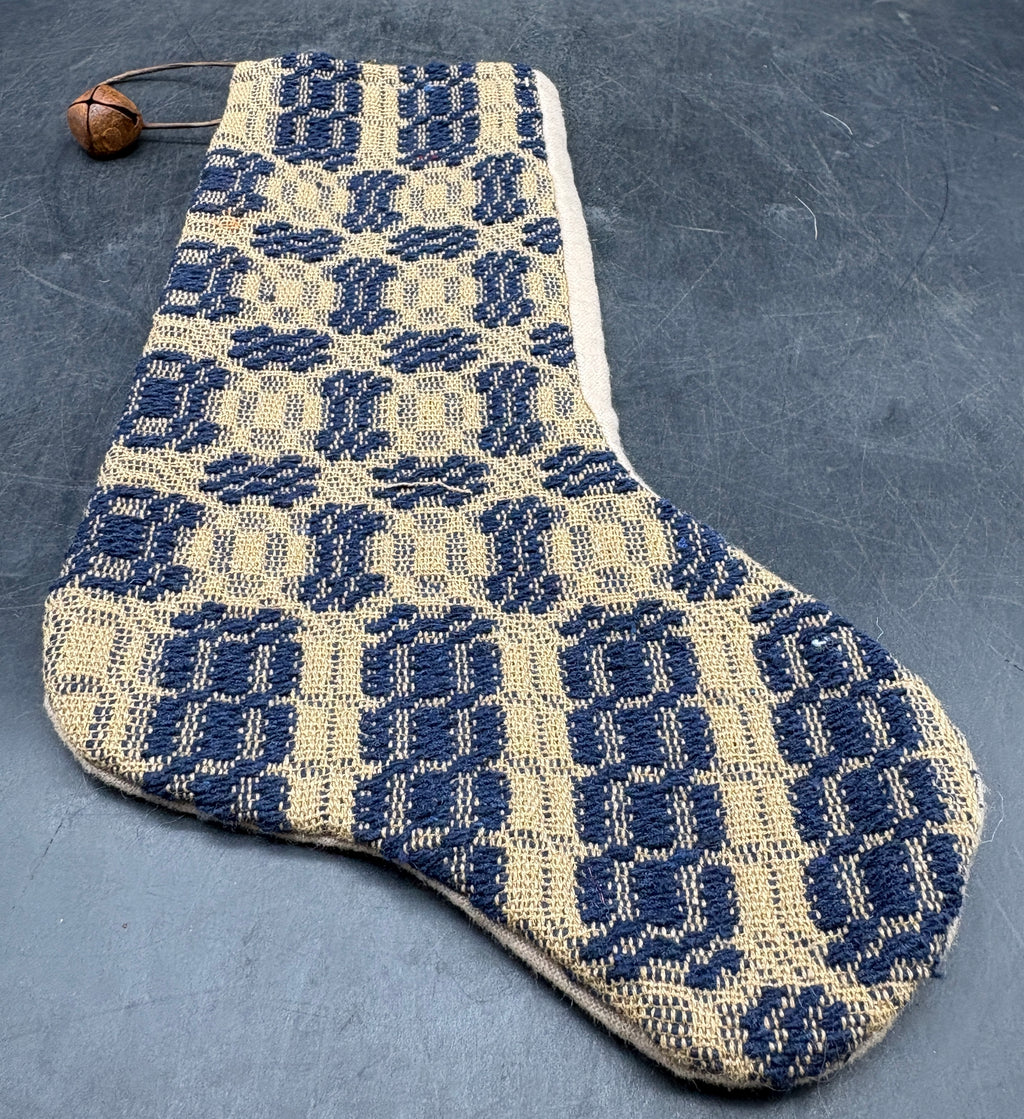 Handmade Coverlet Christmas Stocking — Medium 10" x 5" with Flannel Backing & Rusty Bell