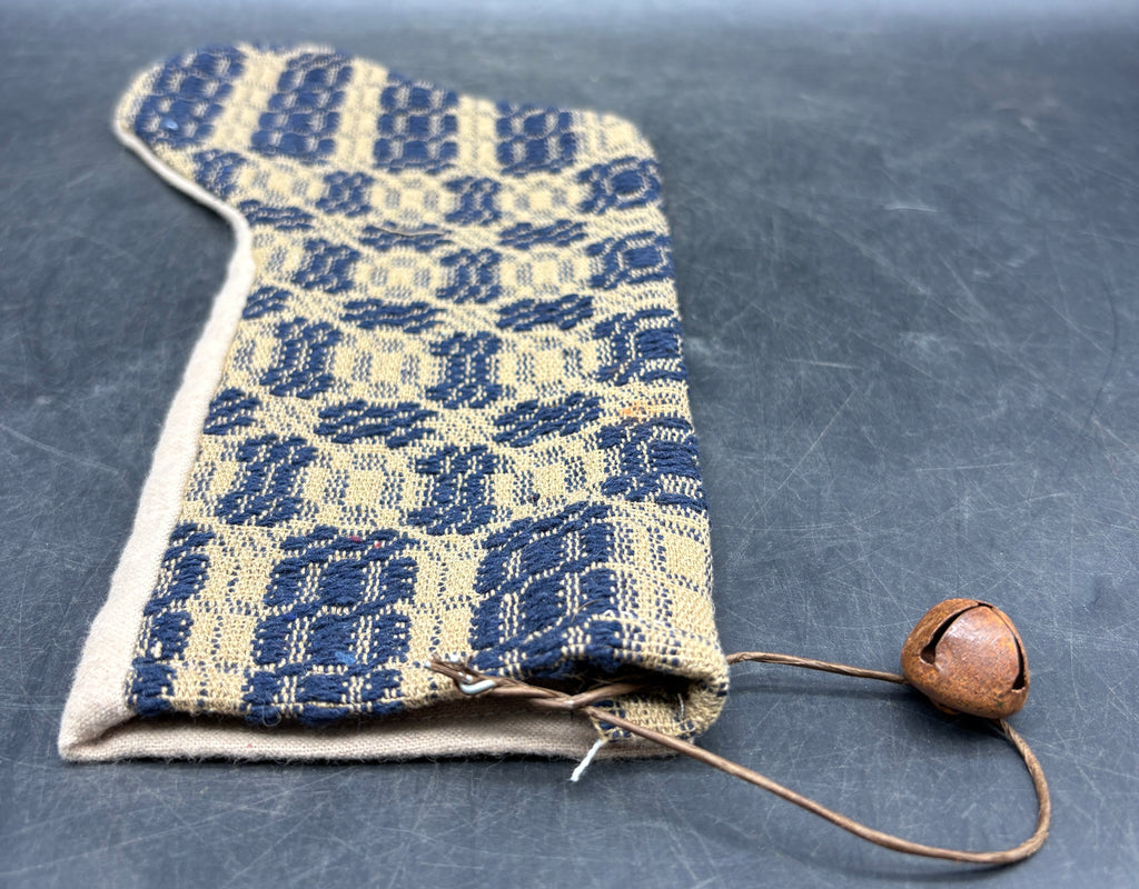 Handmade Coverlet Christmas Stocking — Medium 10" x 5" with Flannel Backing & Rusty Bell