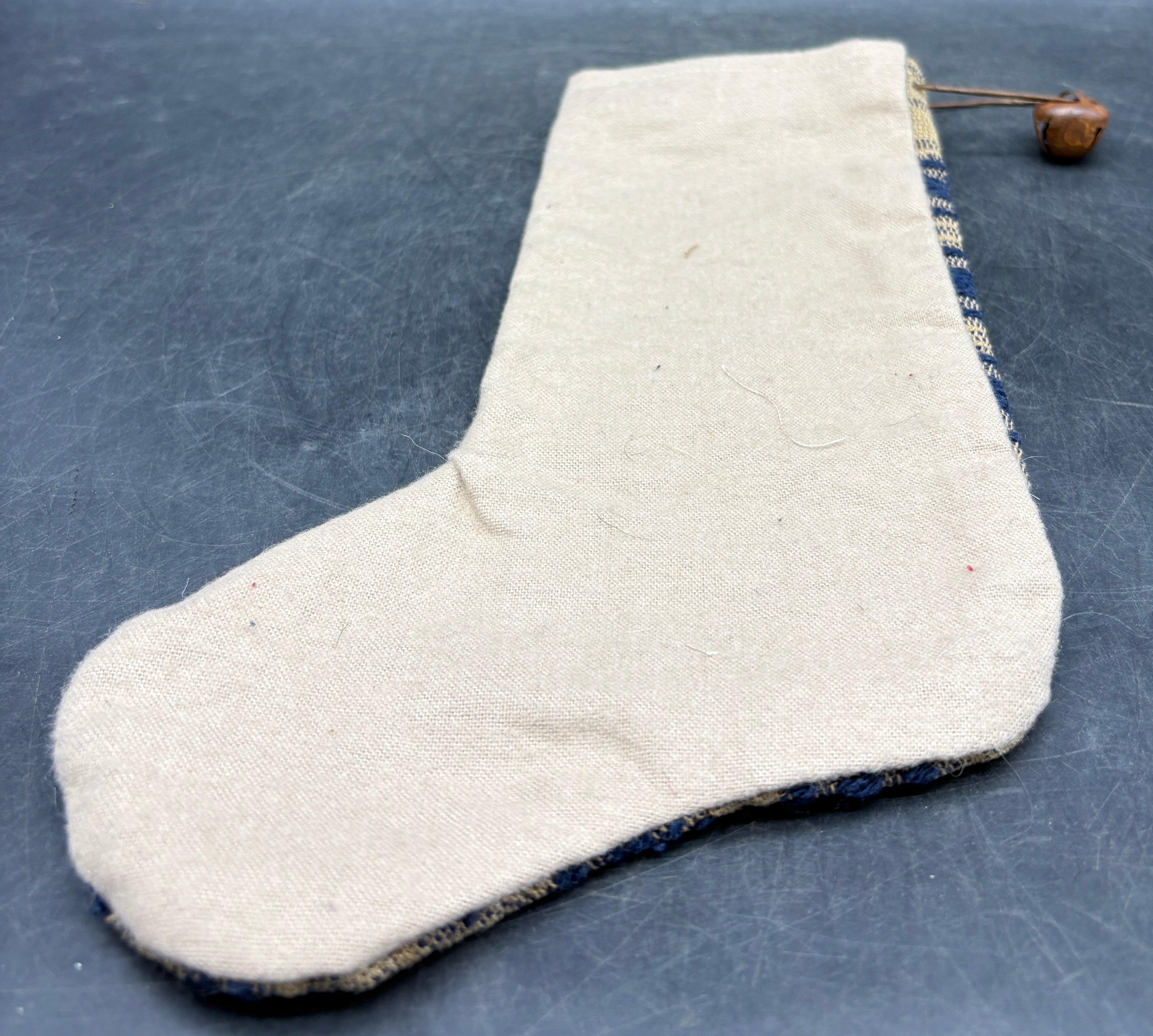 Handmade Coverlet Christmas Stocking — Medium 10" x 5" with Flannel Backing & Rusty Bell