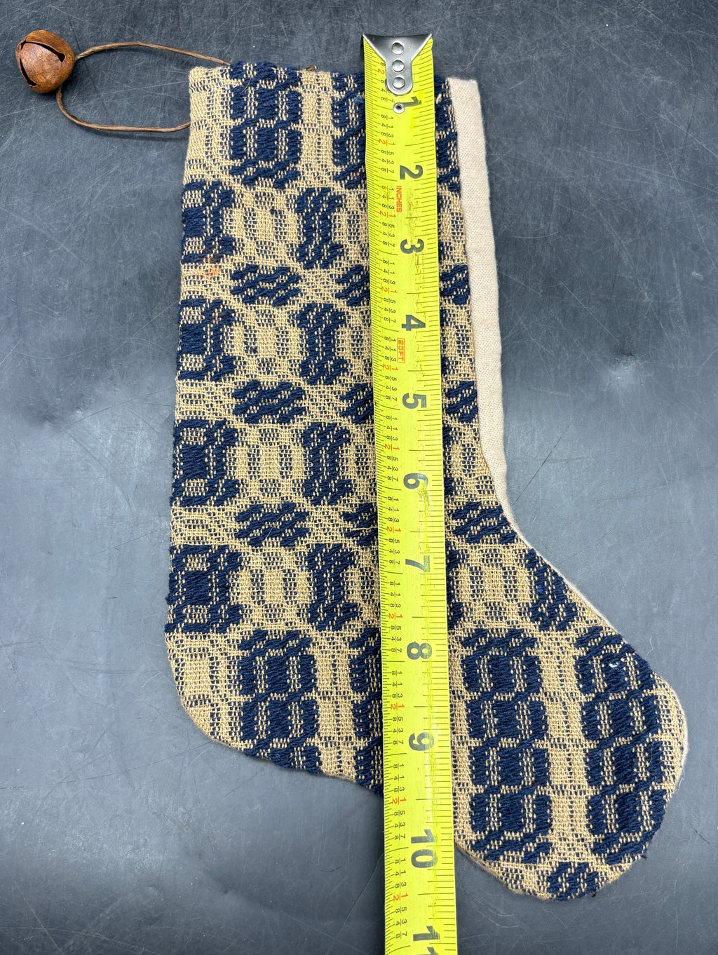 Handmade Coverlet Christmas Stocking — Medium 10" x 5" with Flannel Backing & Rusty Bell