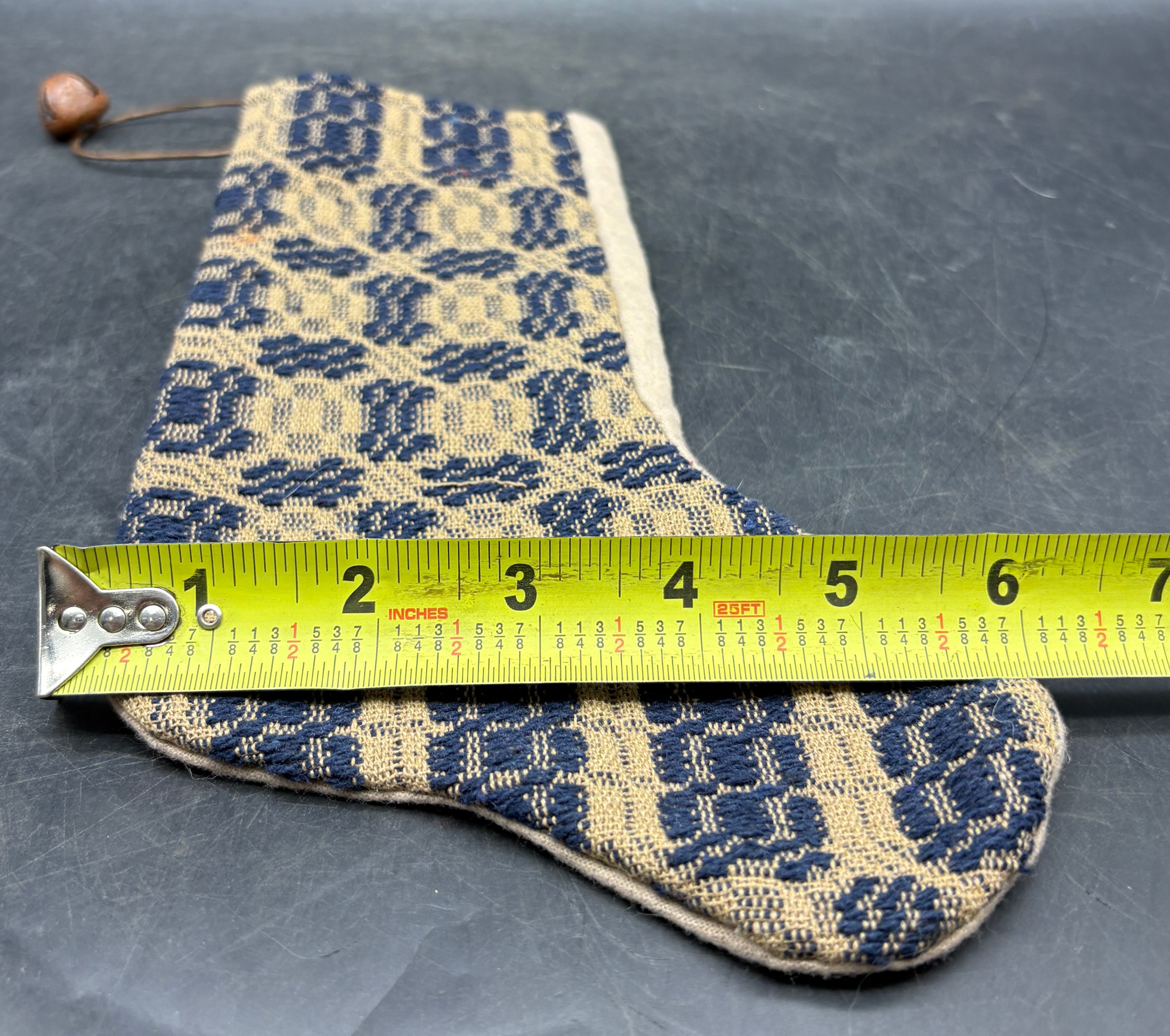 Handmade Coverlet Christmas Stocking — Medium 10" x 5" with Flannel Backing & Rusty Bell