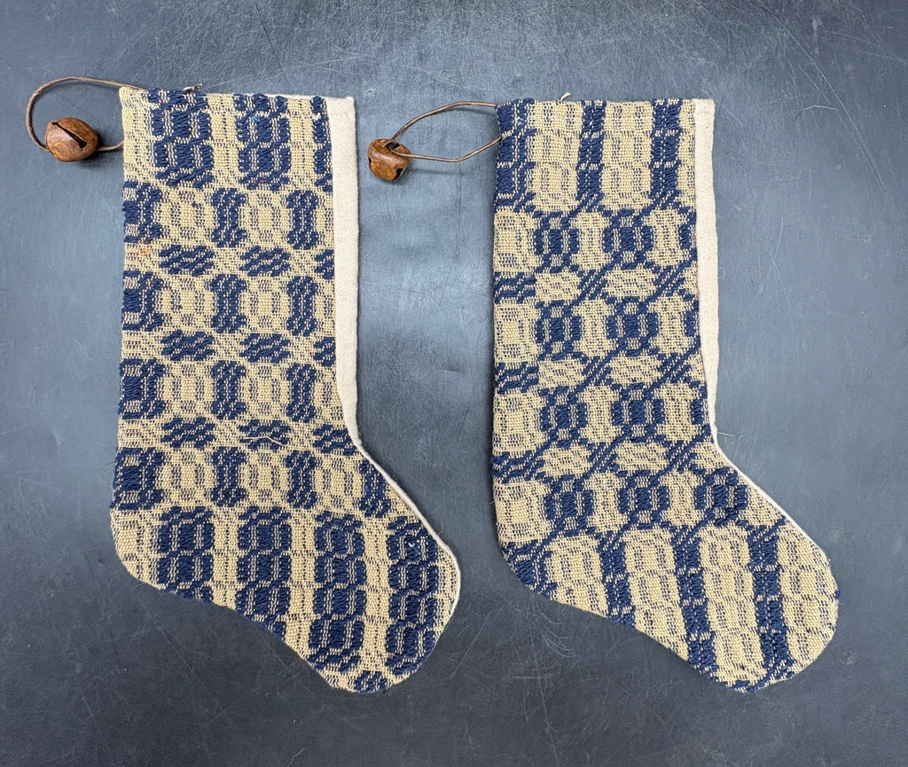 Handmade Coverlet Christmas Stocking — Medium 10" x 5" with Flannel Backing & Rusty Bell