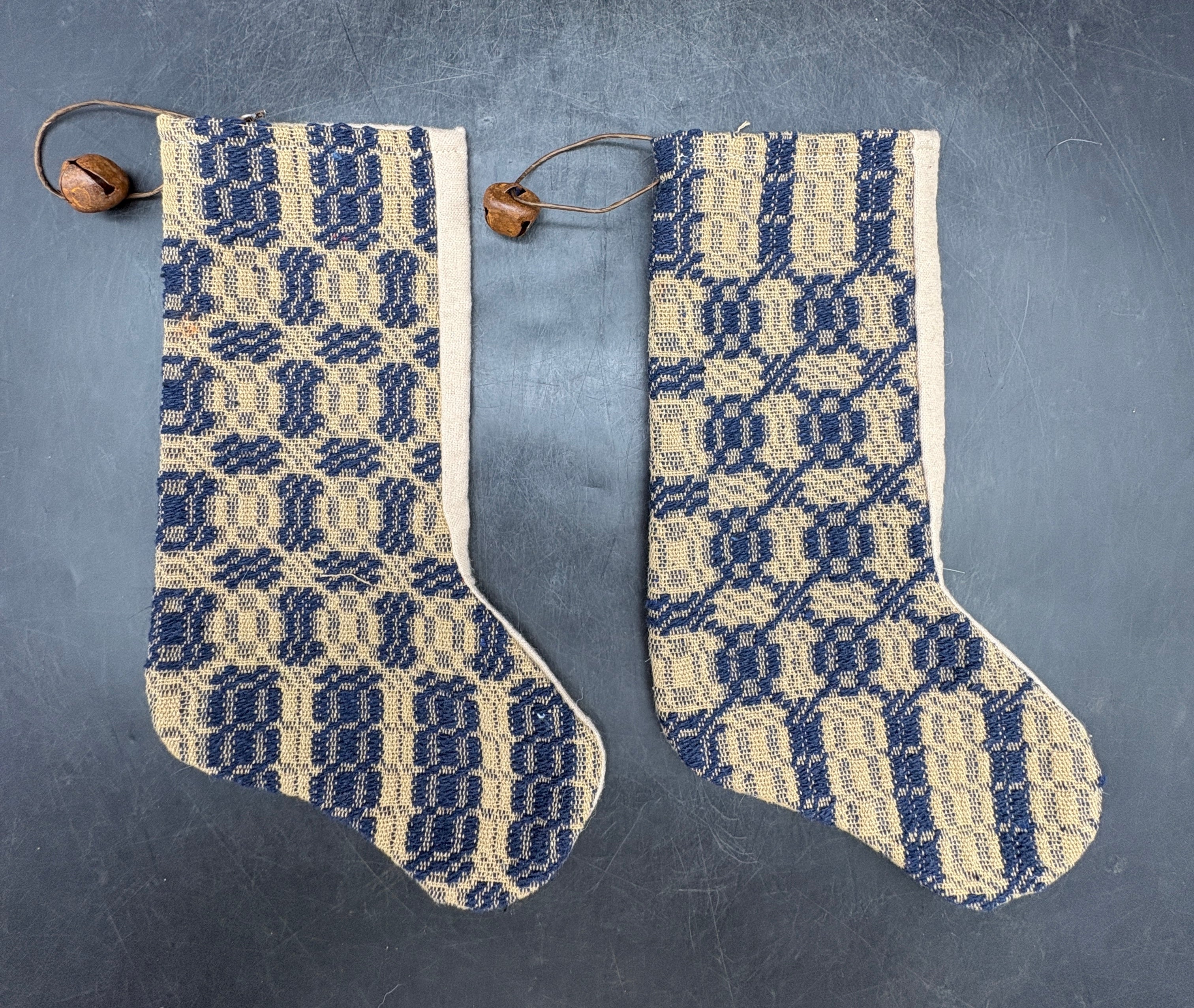 Handmade Coverlet Christmas Stocking — Medium 10" x 5" with Flannel Backing & Rusty Bell