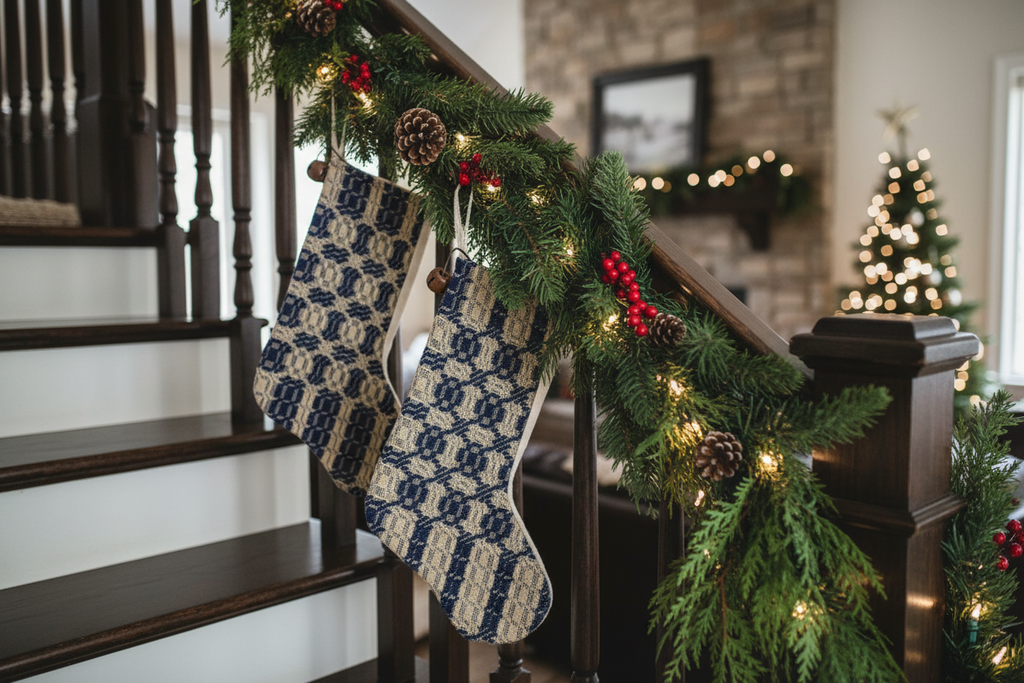 Handmade Coverlet Christmas Stocking — Medium 10" x 5" with Flannel Backing & Rusty Bell