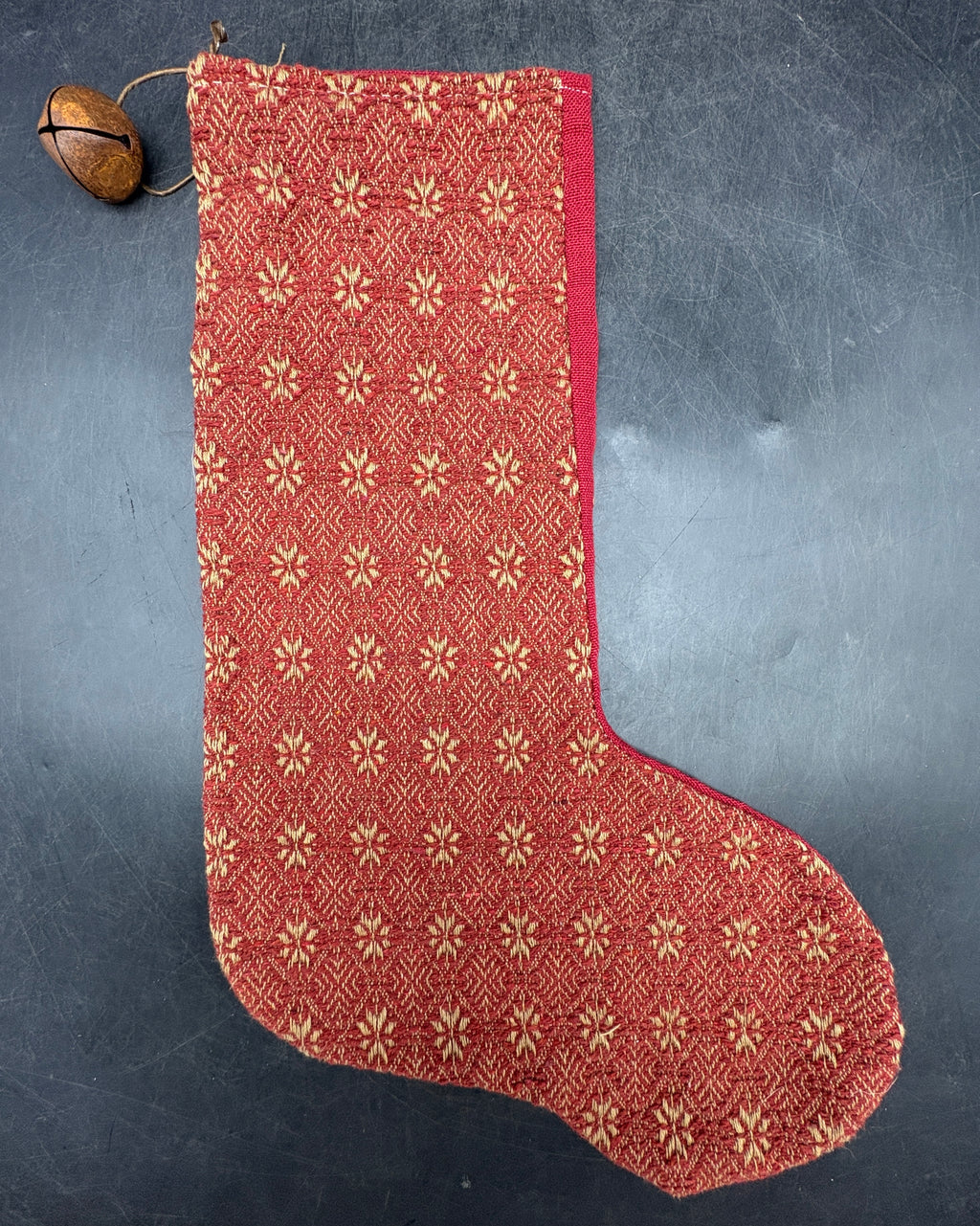 Handmade Coverlet Christmas Stocking — Large 15" x 9" with Flannel Backing & Rusty Bell