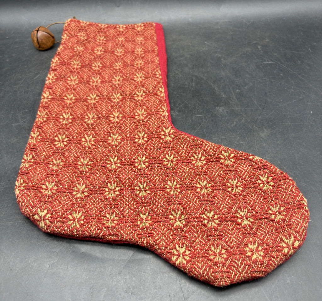 Handmade Coverlet Christmas Stocking — Large 15" x 9" with Flannel Backing & Rusty Bell