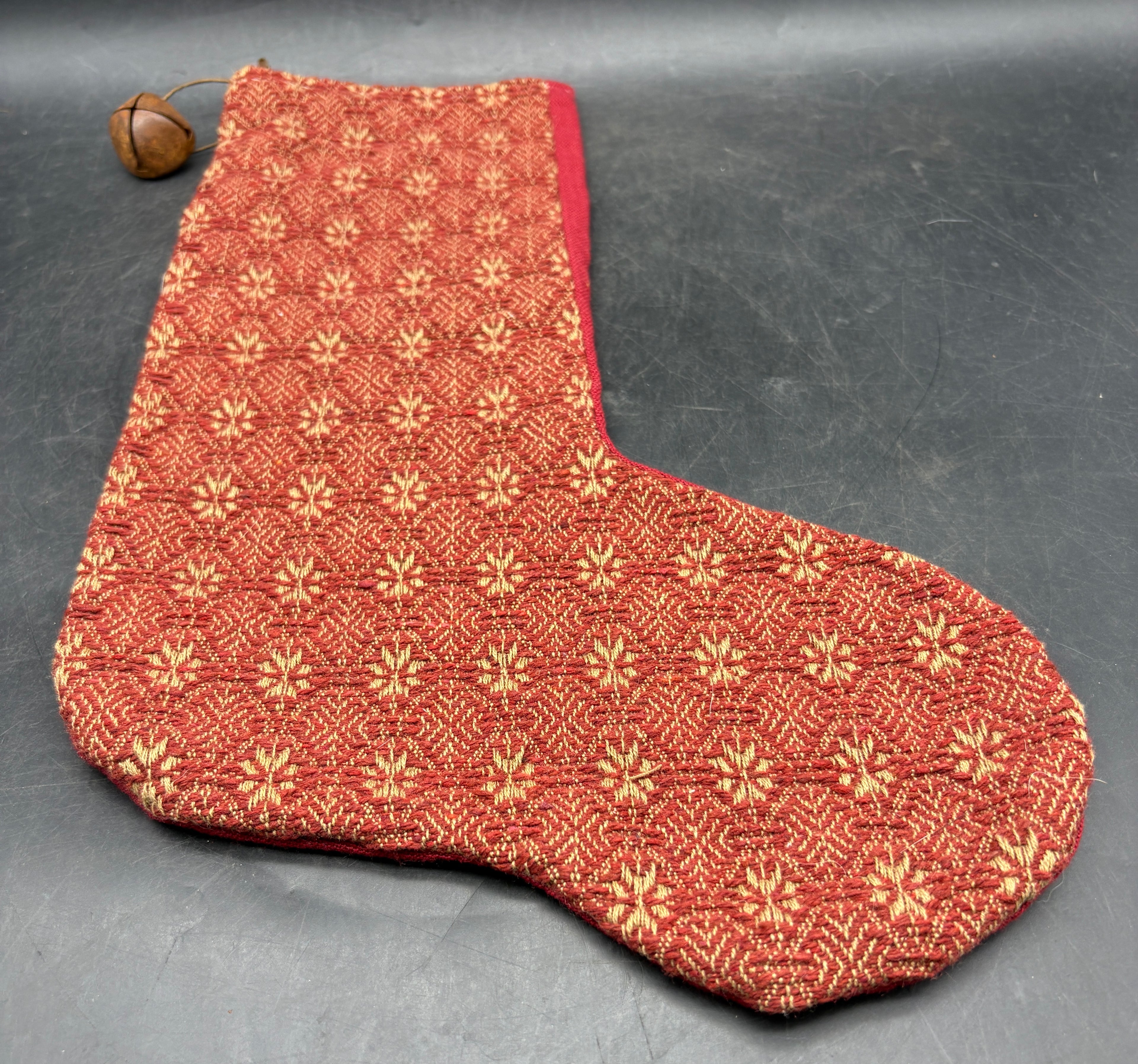 Handmade Coverlet Christmas Stocking — Large 15" x 9" with Flannel Backing & Rusty Bell