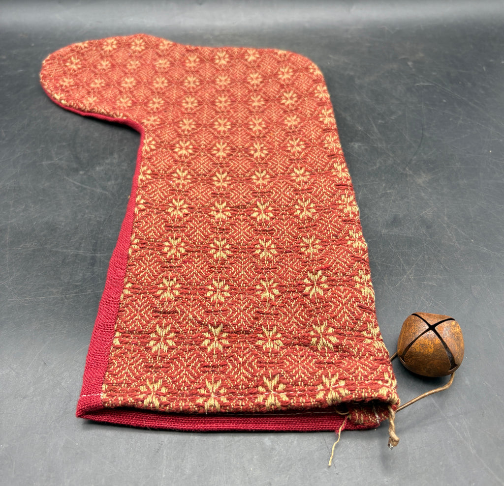 Handmade Coverlet Christmas Stocking — Large 15" x 9" with Flannel Backing & Rusty Bell