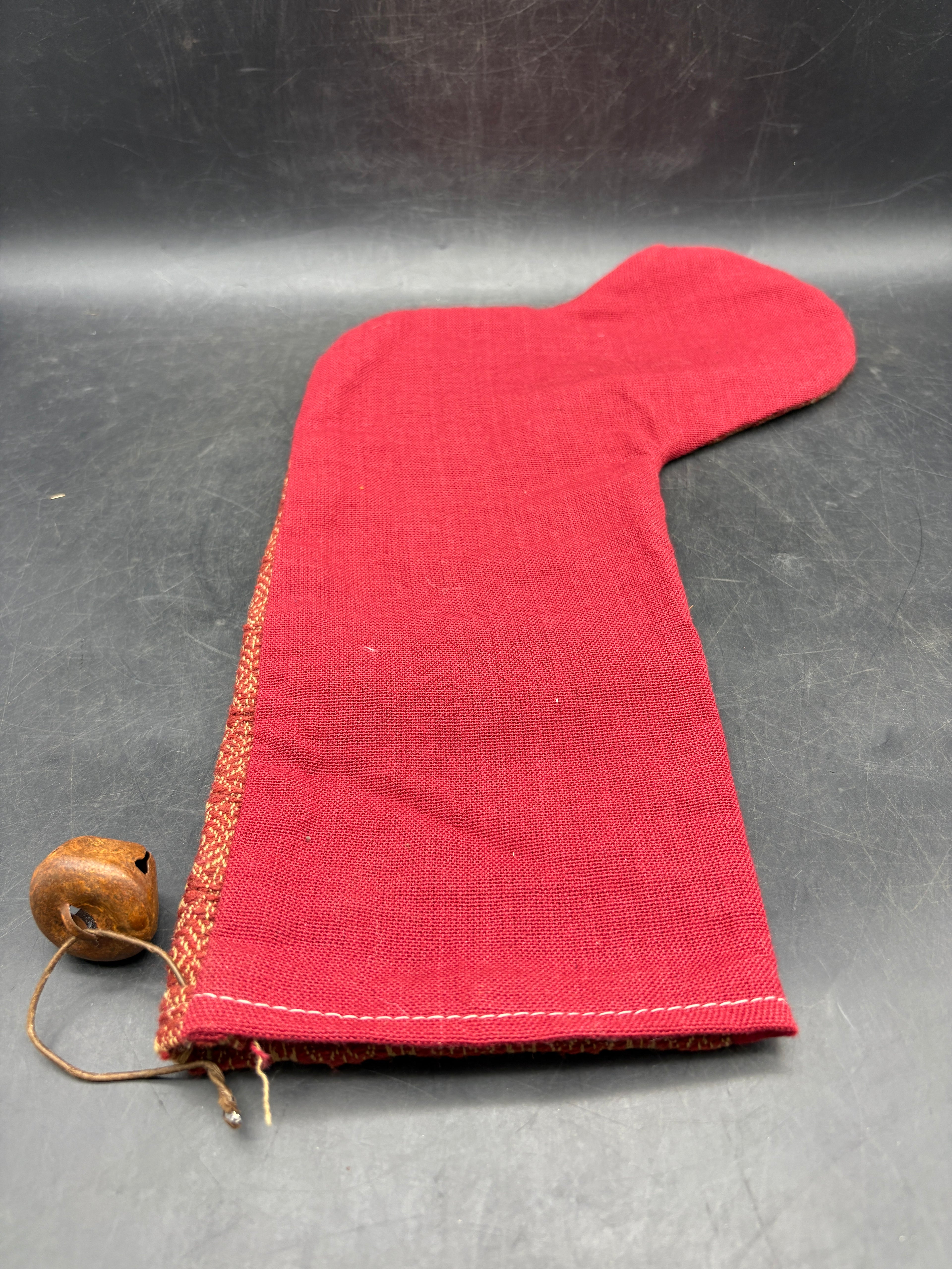 Handmade Coverlet Christmas Stocking — Large 15" x 9" with Flannel Backing & Rusty Bell
