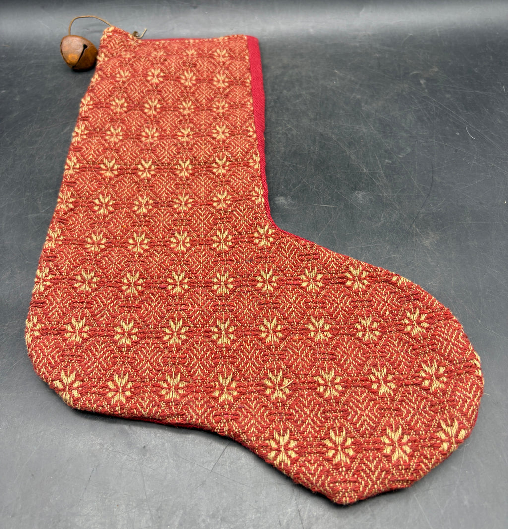 Handmade Coverlet Christmas Stocking — Large 15" x 9" with Flannel Backing & Rusty Bell